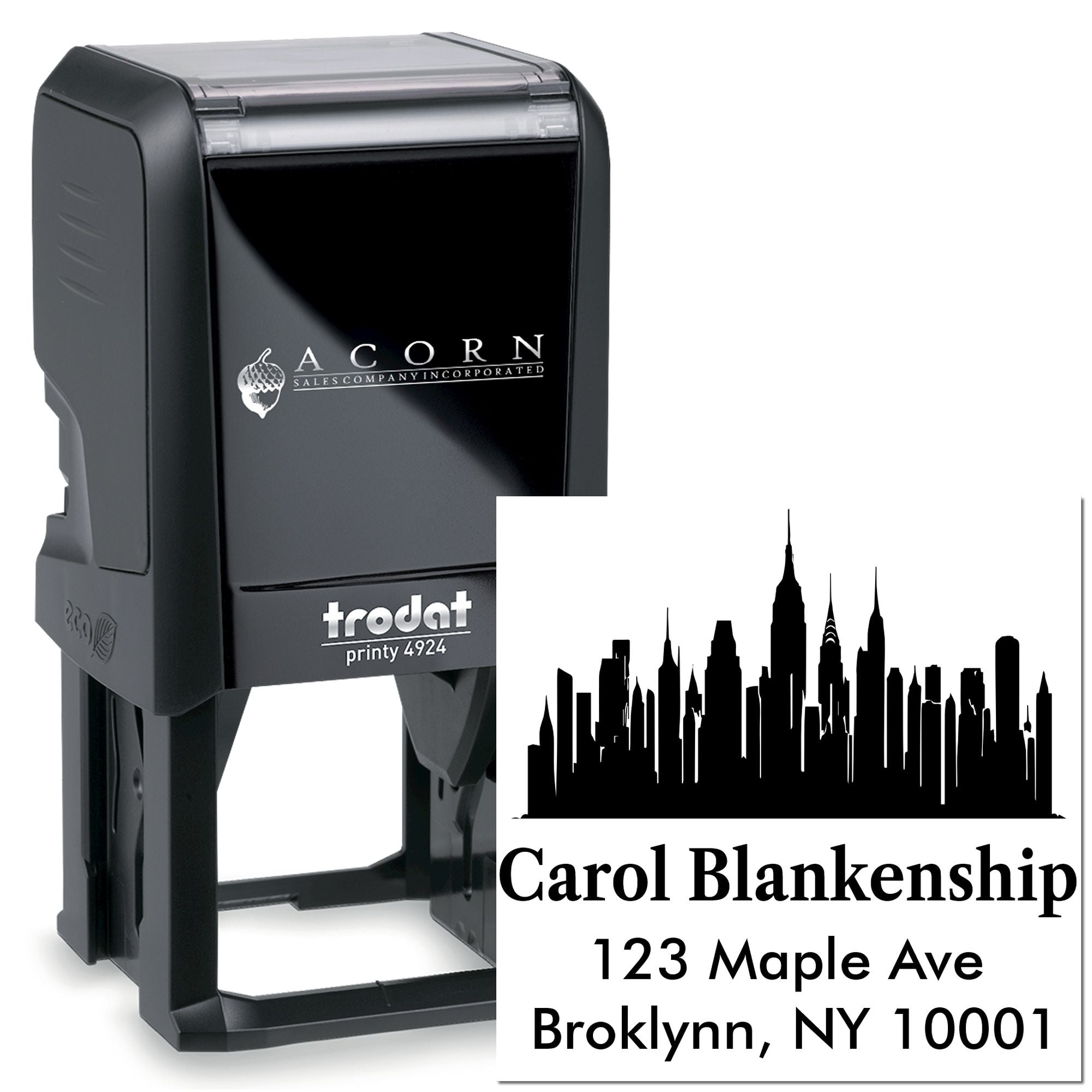 Custom self-inking rubber stamp for return address mail, featuring a skyline design and personalized name, street, city, and ZIP code.