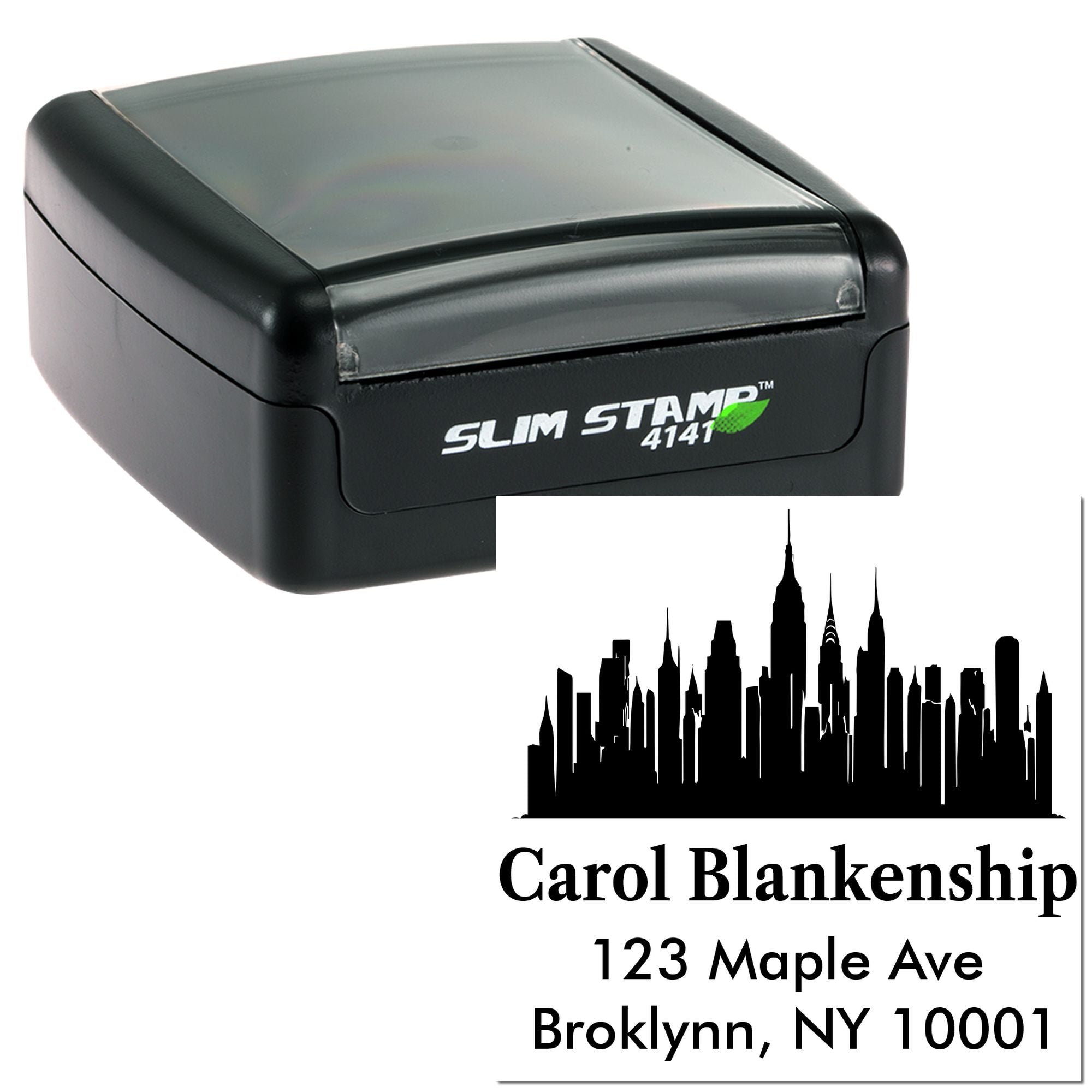 Slim Stamp 4141 custom self-inking rubber address stamp with skyline logo and Brooklyn, NY return address.