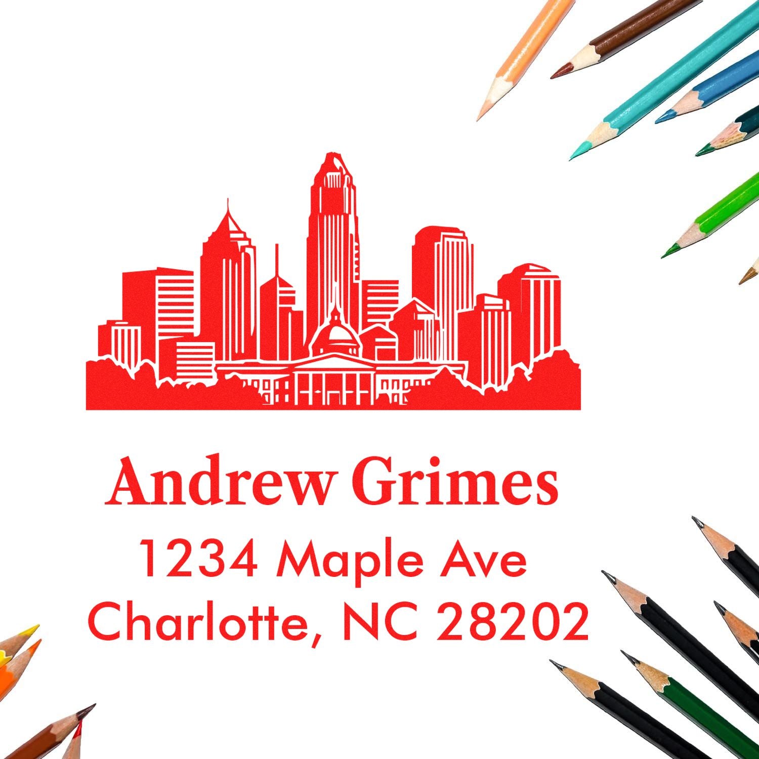 Custom return address rubber stamp with Charlotte skyline for Andrew Grimes, 1234 Maple Ave, Charlotte, NC 28202