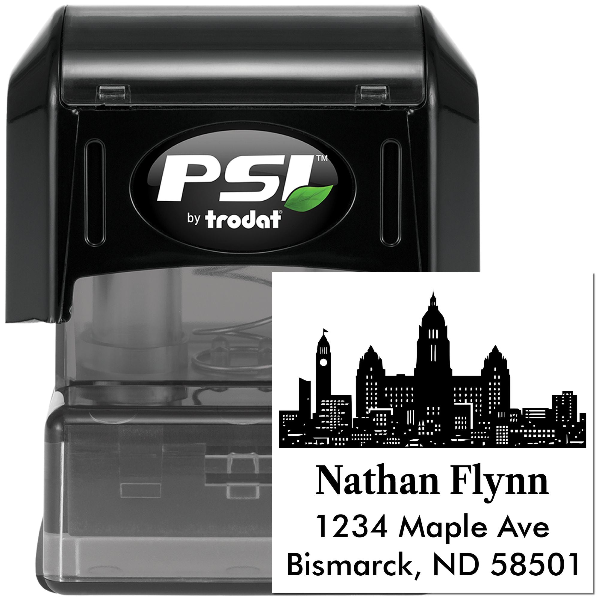 Custom self-inking rubber stamp by Trodat PSI with skyline address design for Nathan Flynn, Bismarck ND