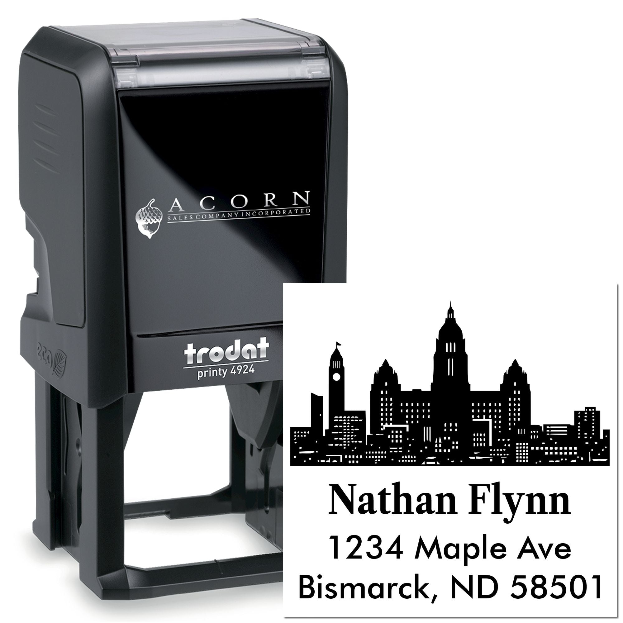 Trodat Printy 4924 self-inking return address rubber stamp with skyline design
