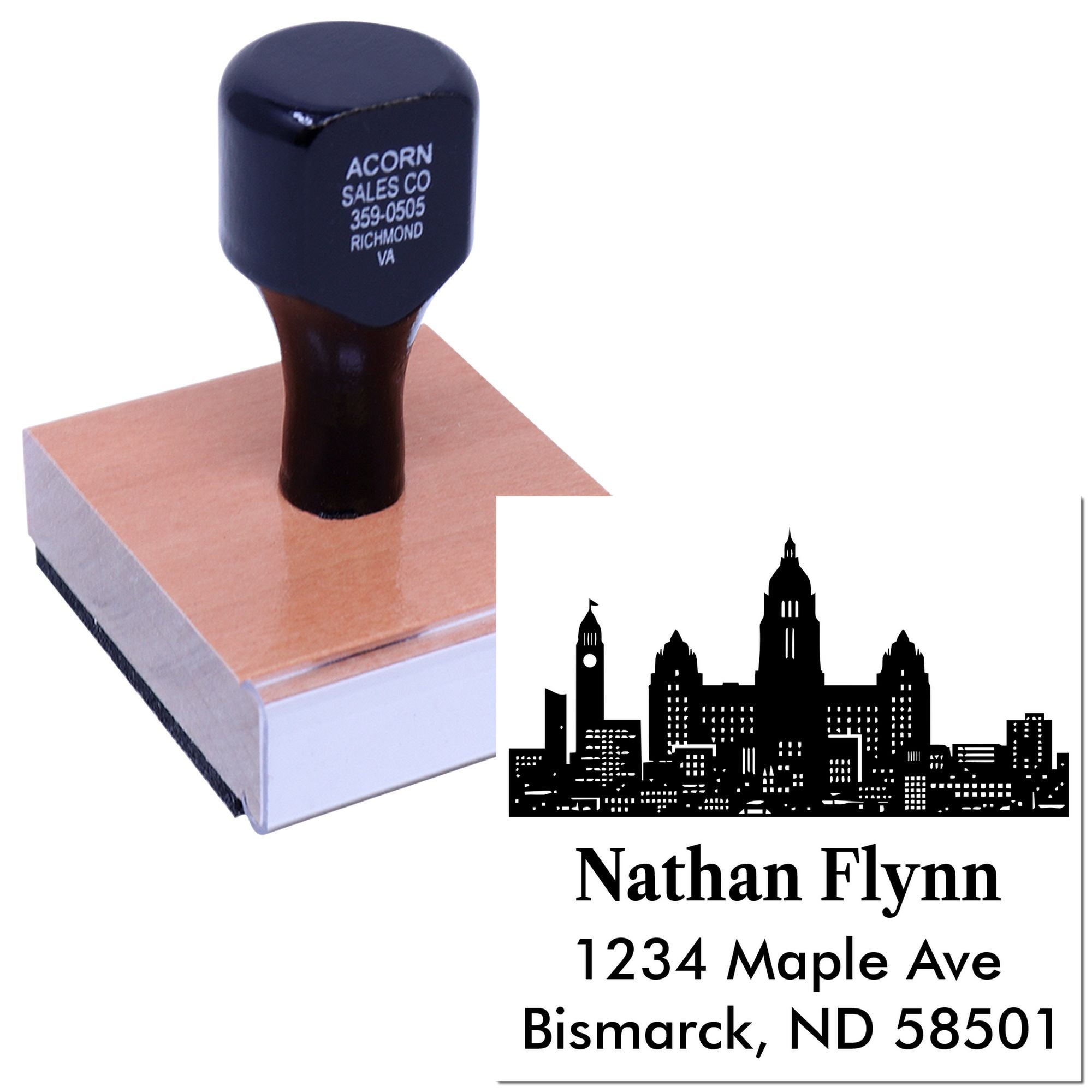Custom address rubber stamp with city skyline logo, Nathan Flynn, 1234 Maple Ave, Bismarck, ND 58501