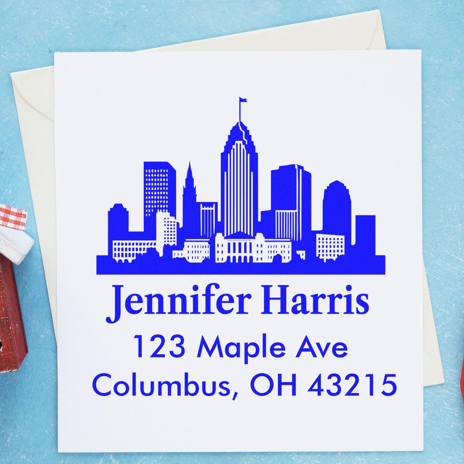 Custom address rubber stamp with Columbus skyline, Jennifer Harris, 123 Maple Ave, Columbus, OH 43215