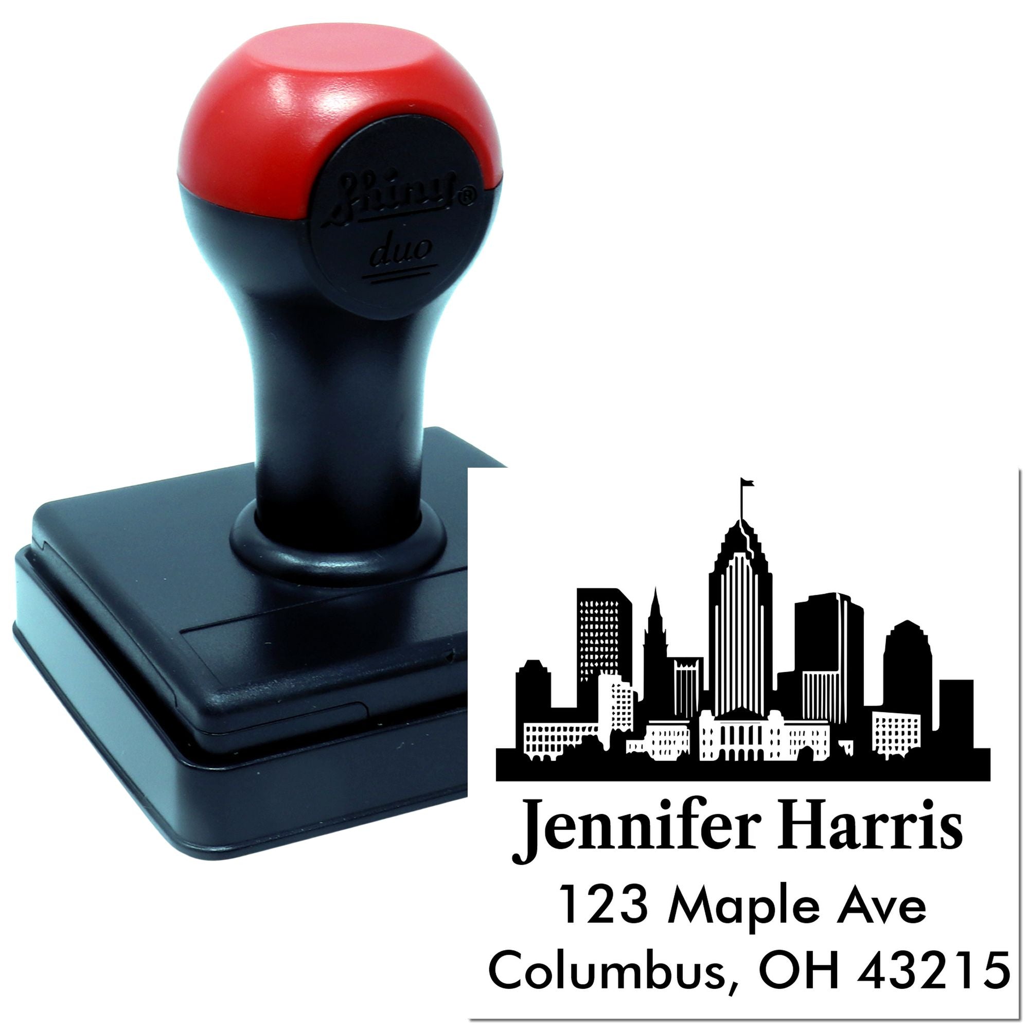 Custom self-inking return address rubber stamp with skyline design for personalized mailing.