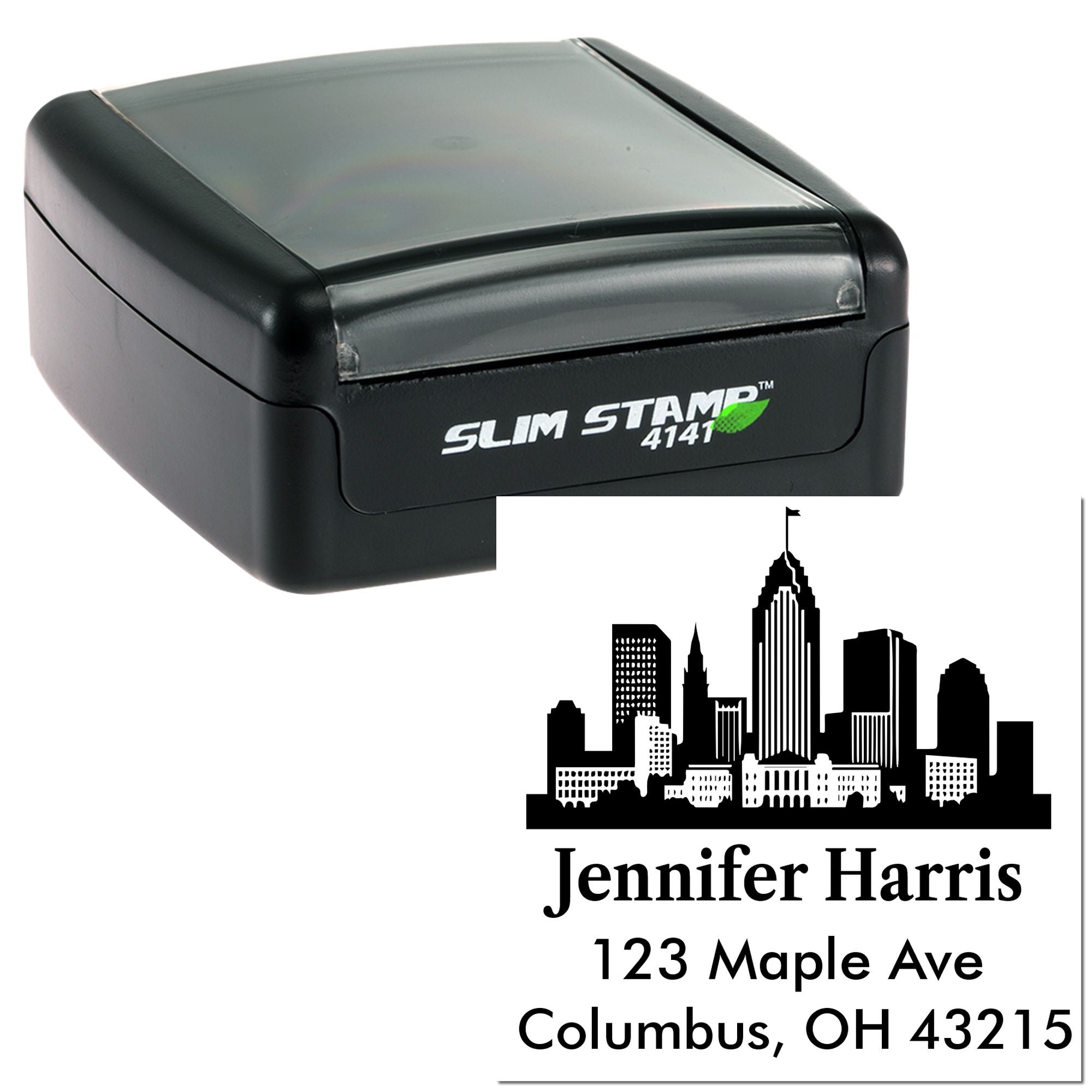 Personalized self-inking rubber address stamp with skyline design, Jennifer Harris name, and Columbus, OH address.