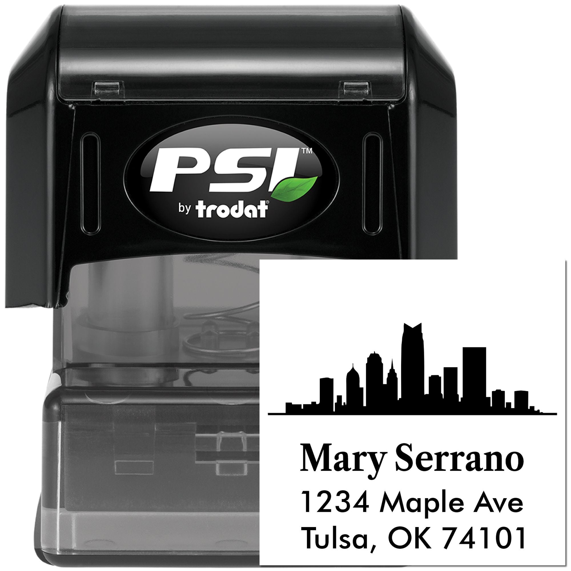 PSI by Trodat self-inking return address rubber stamp with skyline design for Mary Serrano, Tulsa, OK 74101