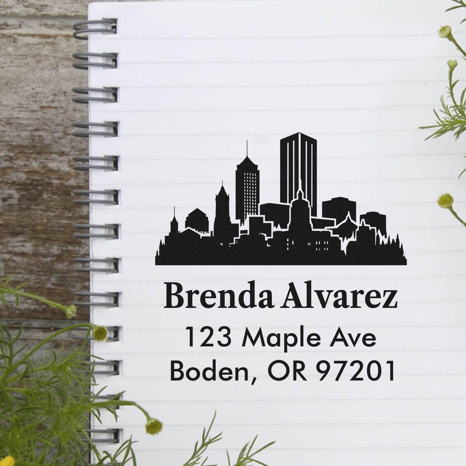 Custom skyline return address rubber stamp with Brenda Alvarez name and Boden, OR mailing address.