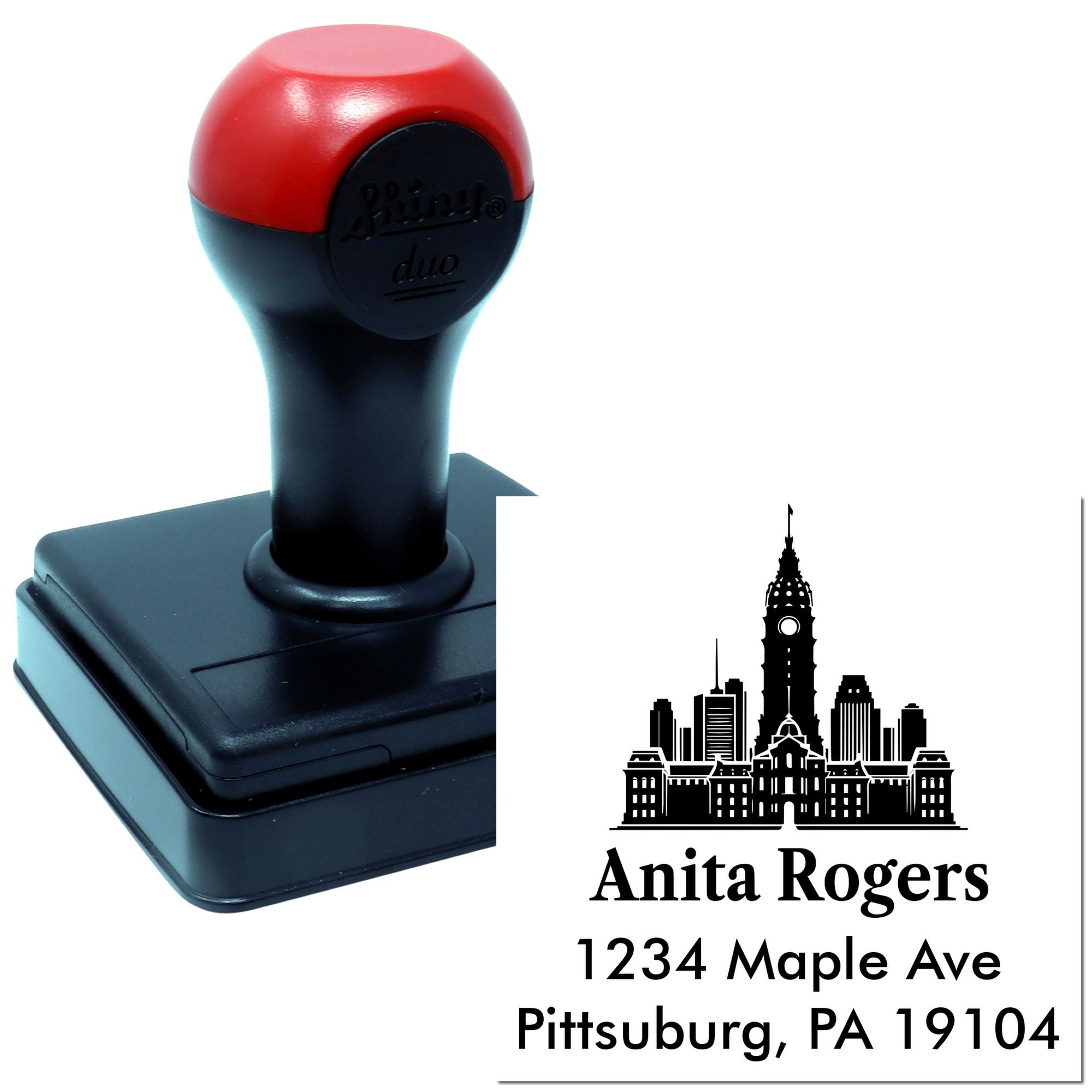 Custom Pittsburgh return address rubber stamp with skyline design, personalized name, street address, city, state, and ZIP.
