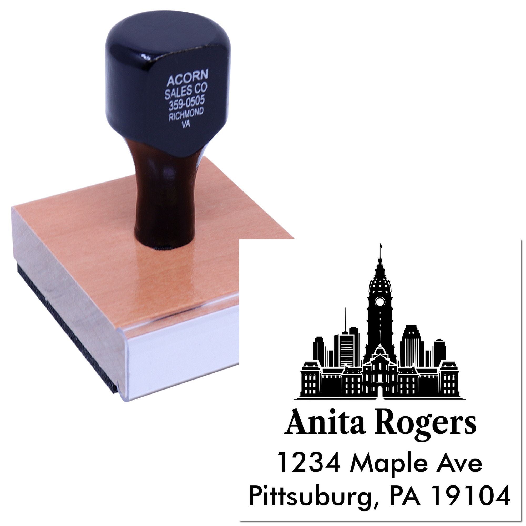 Custom self-inking rubber address stamp with skyline design for Anita Rogers, Pittsburgh, PA 19104