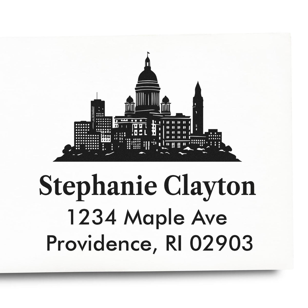 Custom return address rubber stamp with Providence skyline, Stephanie Clayton, 1234 Maple Ave, Providence, RI 02903