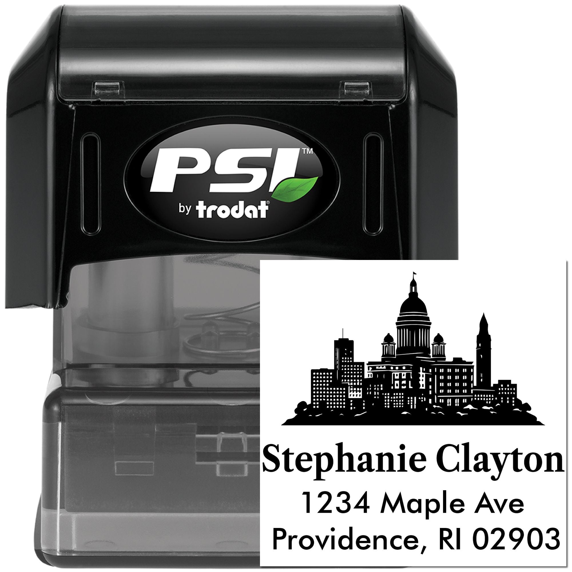 Custom self-inking rubber address stamp with skyline design, name and full mailing address for personal mail and business use.