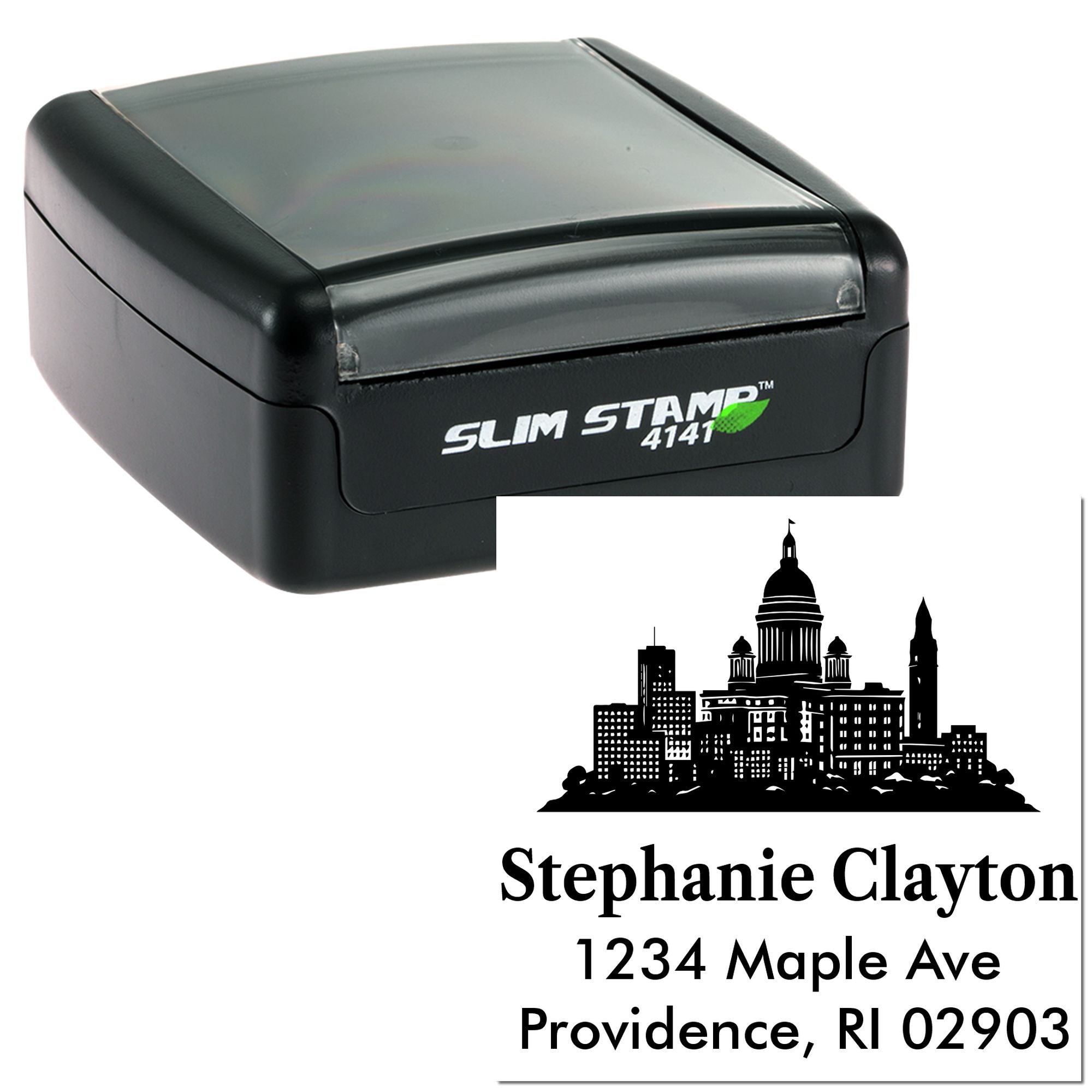 Custom self-inking rubber address stamp with skyline logo for Stephanie Clayton, Providence, RI.