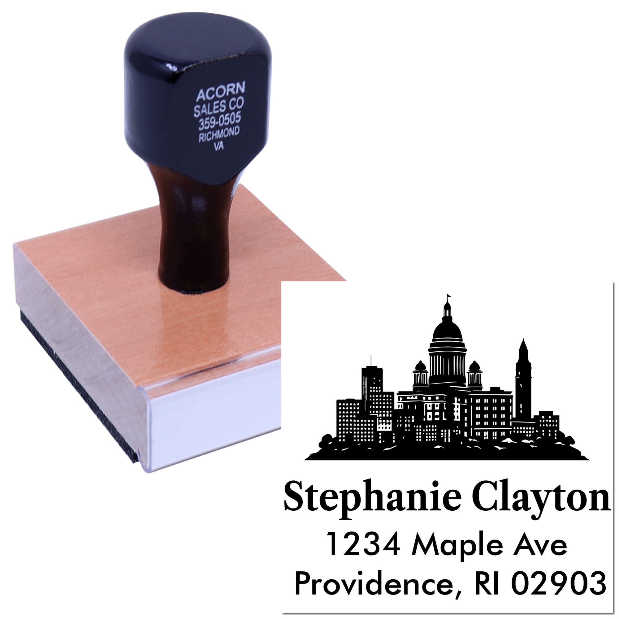 Custom self-inking address rubber stamp with skyline logo for personalized business mailings and return address imprinting.