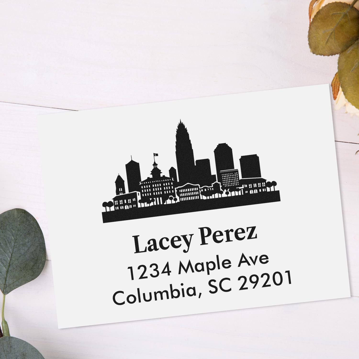 Personalized return address rubber stamp featuring skyline artwork for Lacey Perez, Columbia, SC mailings.