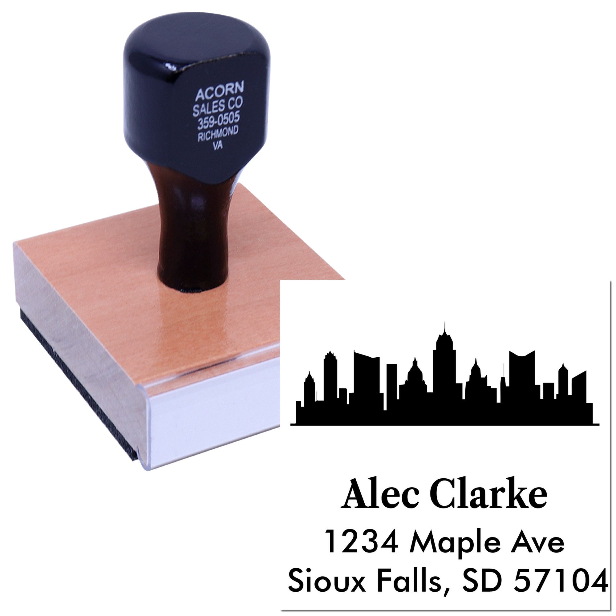 Custom rubber return address stamp with skyline logo, name, and mailing details for business branding and envelopes