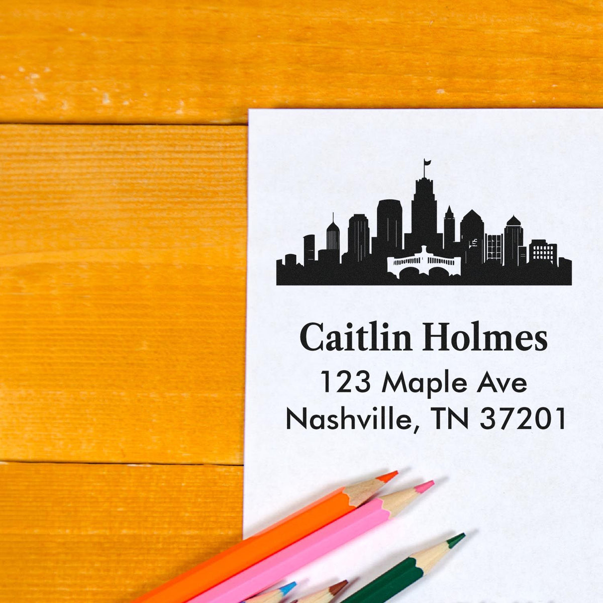Custom Nashville skyline return address rubber stamp design for personalized mailings.