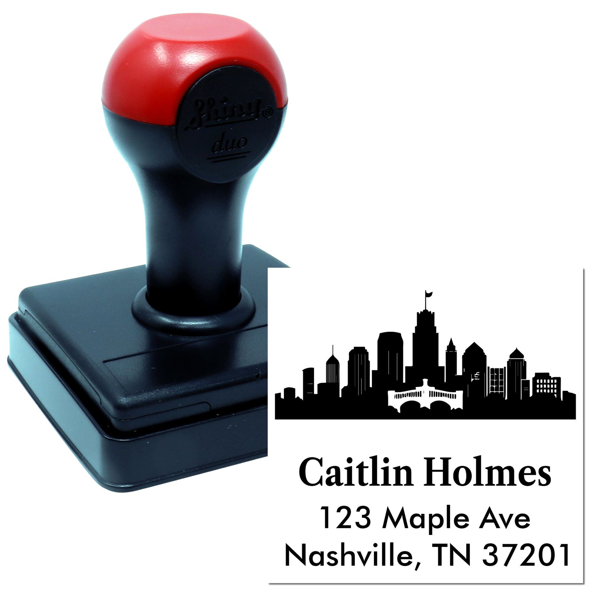 Custom self-inking rubber address stamp with Nashville skyline and personalized return address for mailing