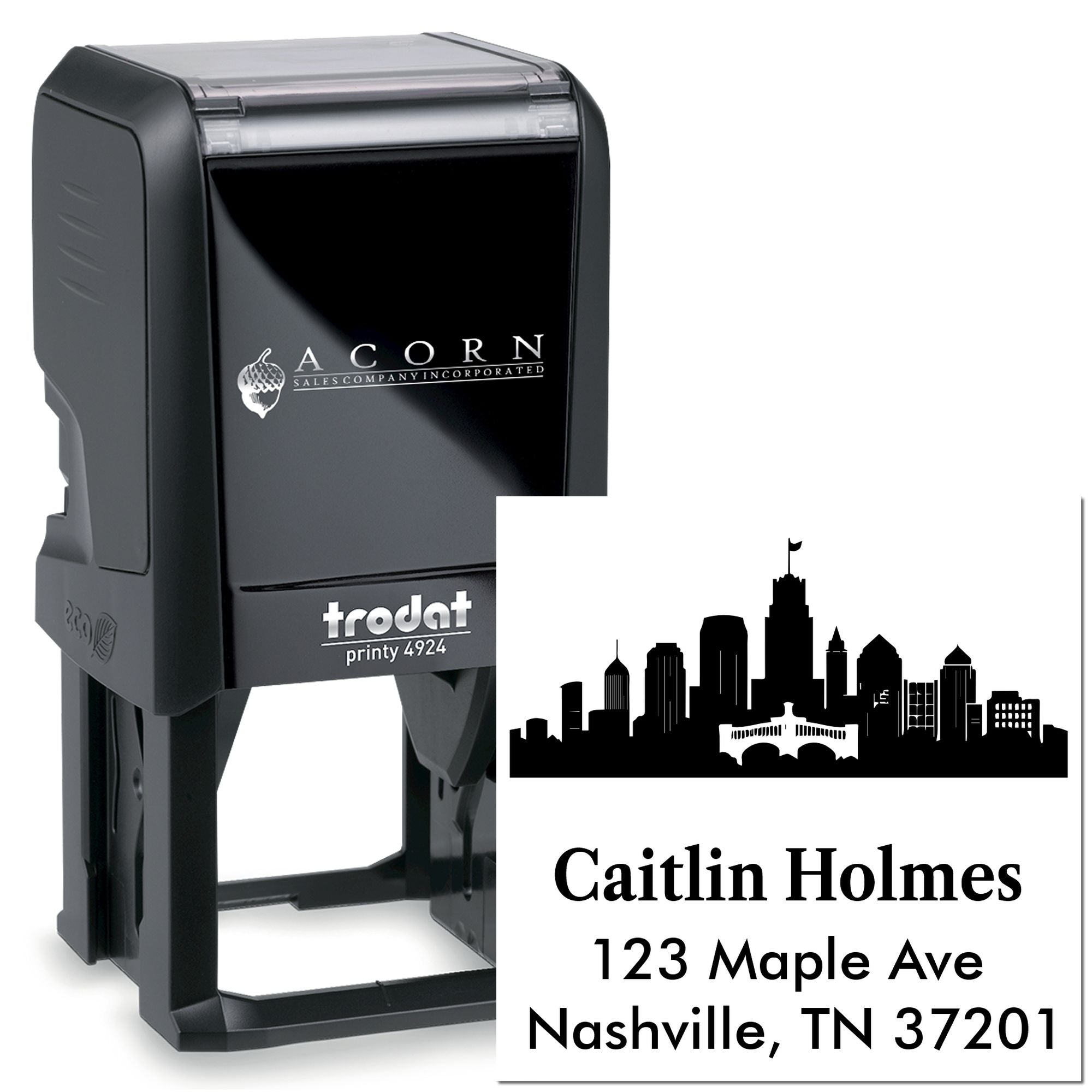 Trodat Printy self-inking rubber address stamp with Nashville skyline and Caitlin Holmes, 123 Maple Ave, Nashville, TN 37201.