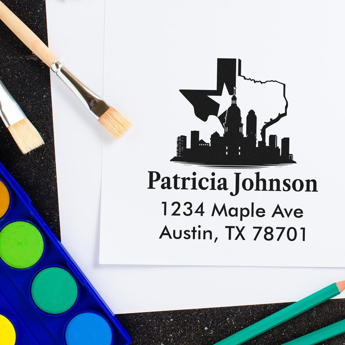Custom Austin, Texas address rubber stamp with skyline design for personalized mailings