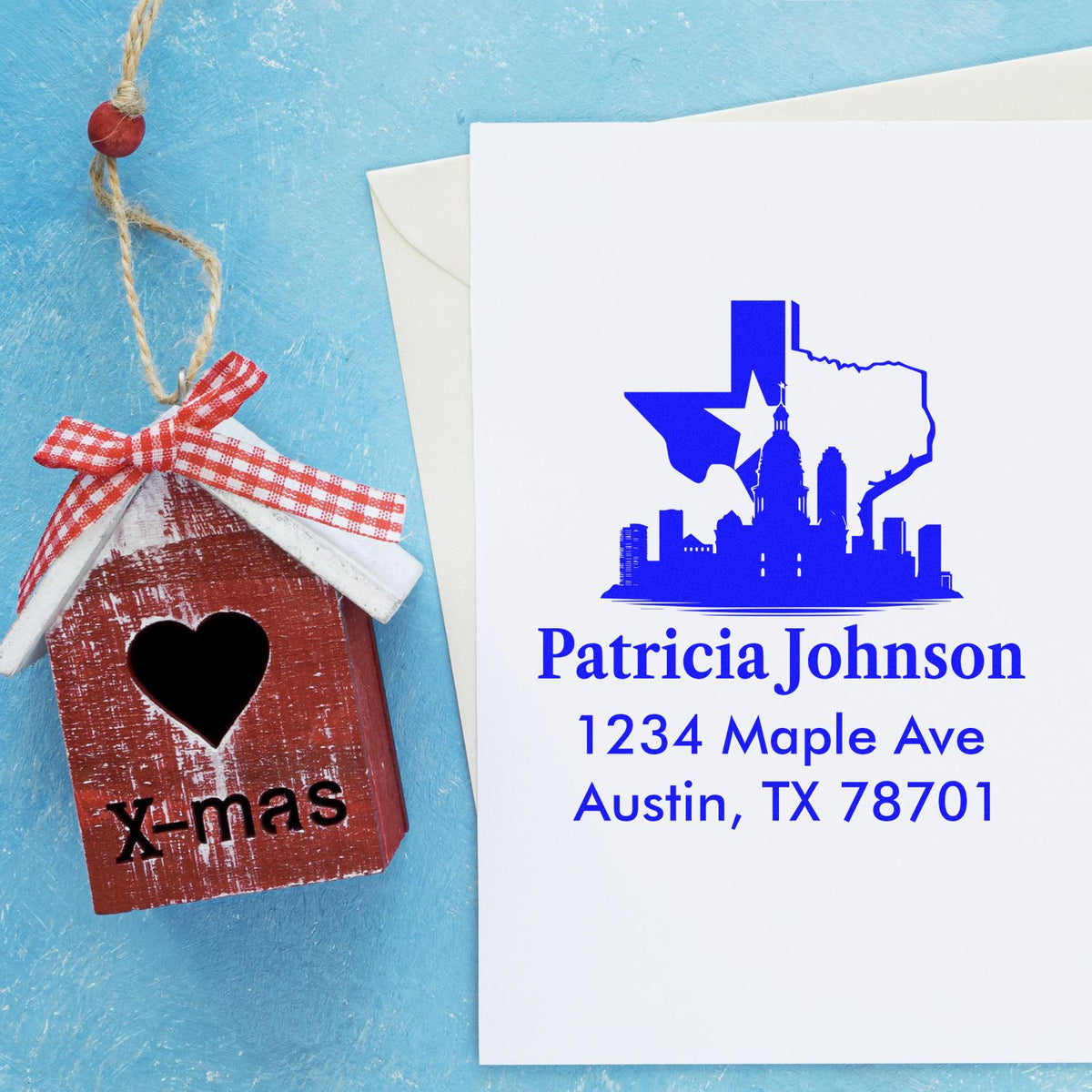 Custom Texas return address rubber stamp with skyline, name, and Austin address for personalized mailings and stationery.