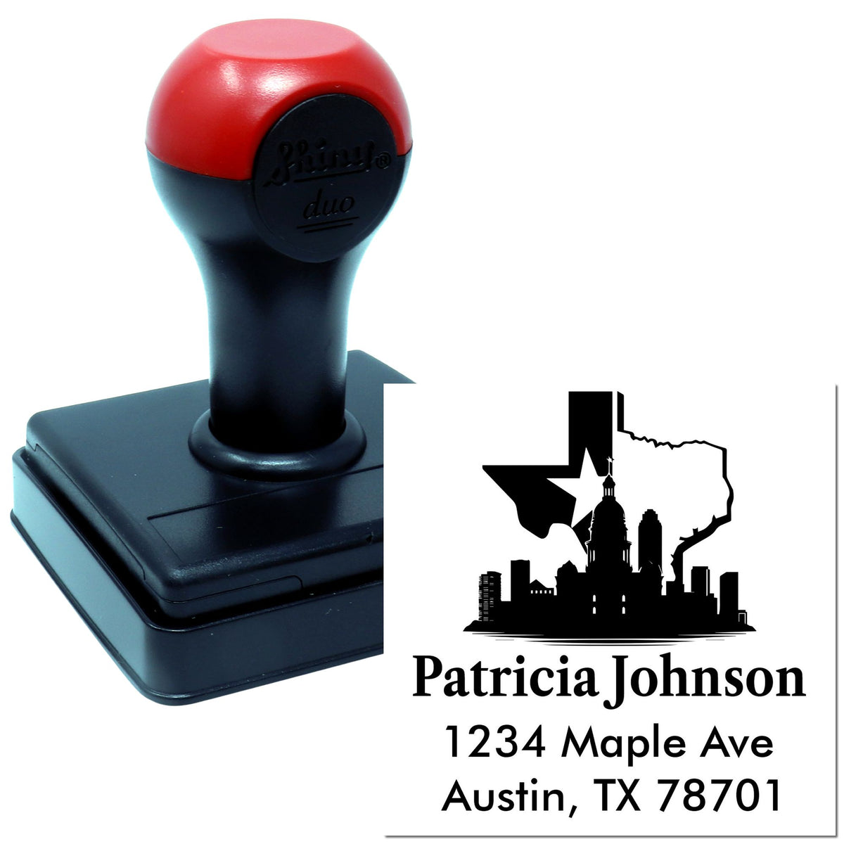 Custom self-inking Texas return address rubber stamp with name, address, and skyline design.