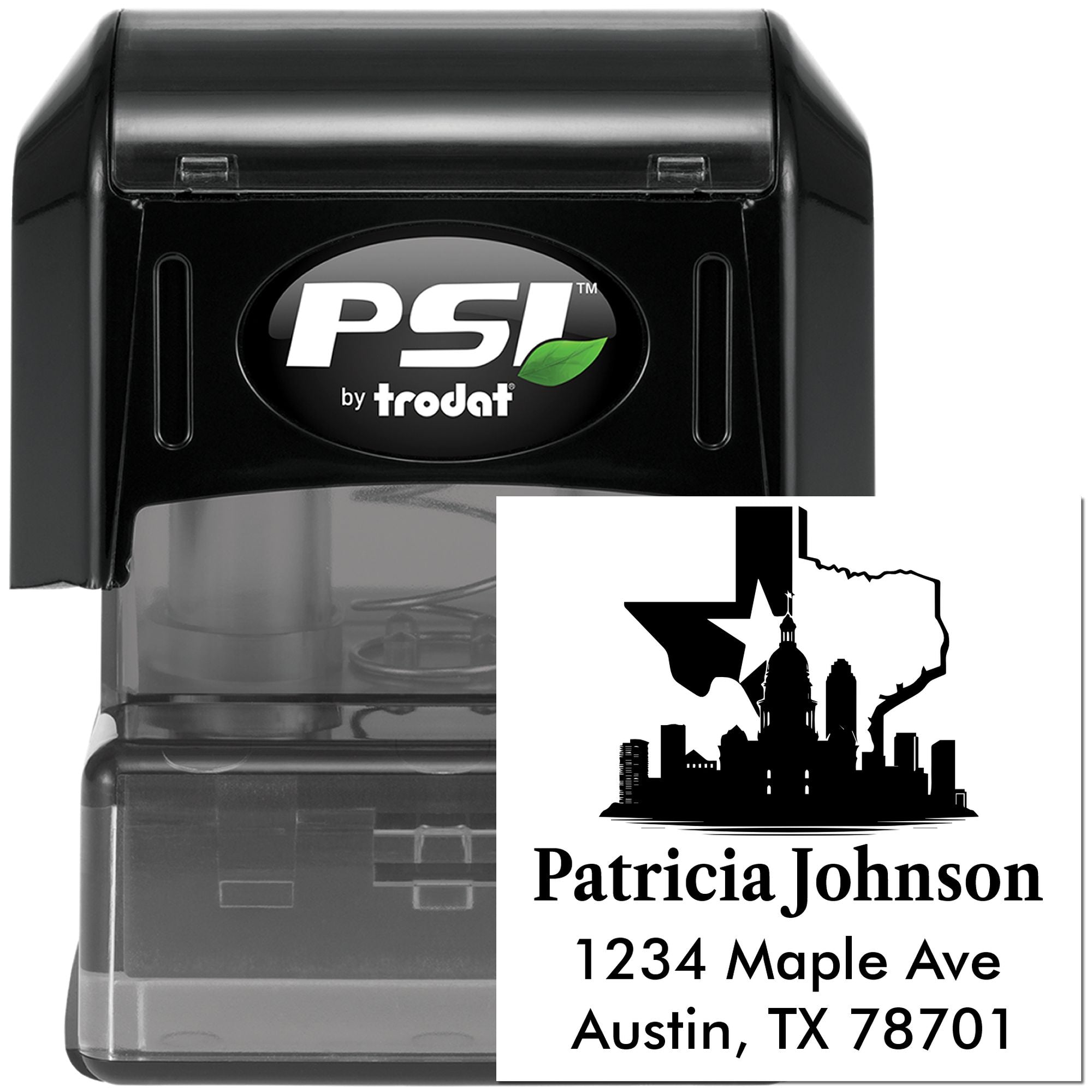 Self-inking Texas address rubber stamp by PSI Trodat, featuring Patricia Johnson, 1234 Maple Ave, Austin, TX 78701.
