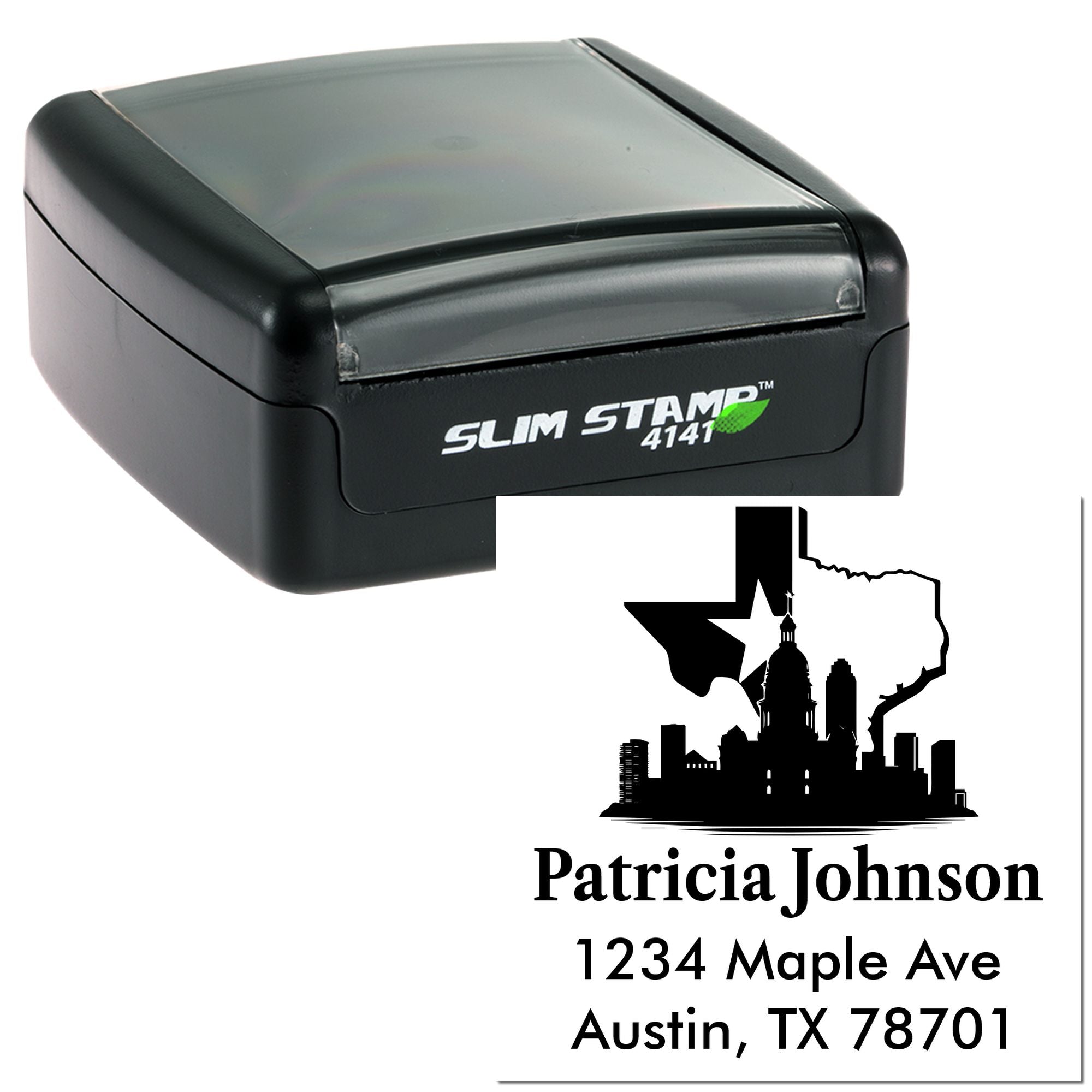 Custom Texas address rubber stamp with Austin skyline design, personalized name and address, Slim Stamp 4141 self-inking case
