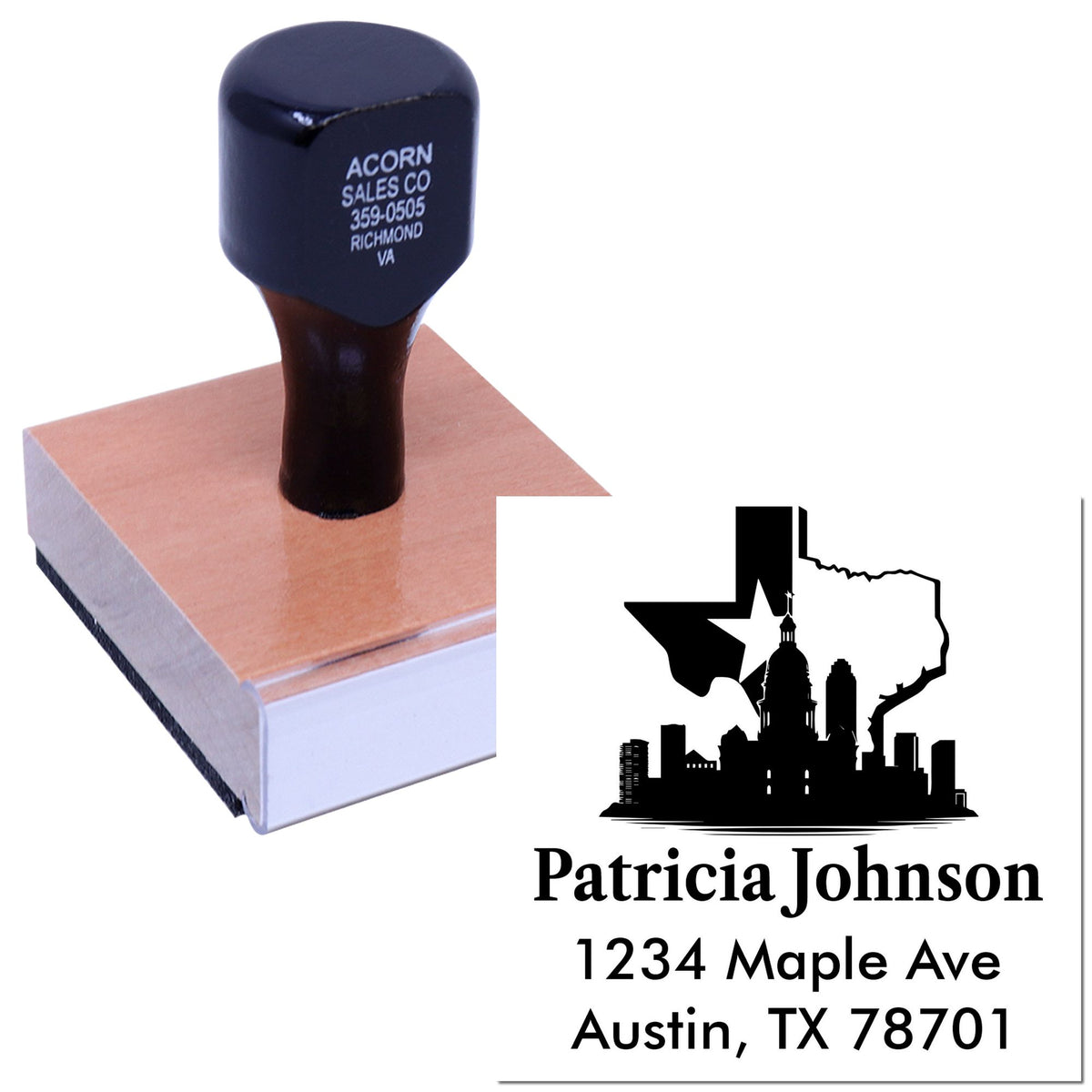 Custom Texas address rubber stamp with Austin skyline for personalized self-inking mailing labels and business use.