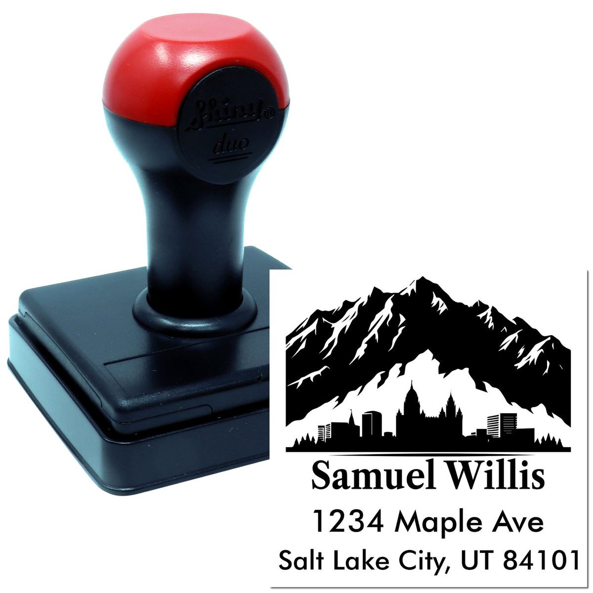 Custom self-inking address rubber stamp with mountain logo for Samuel Willis, Salt Lake City, UT 84101.