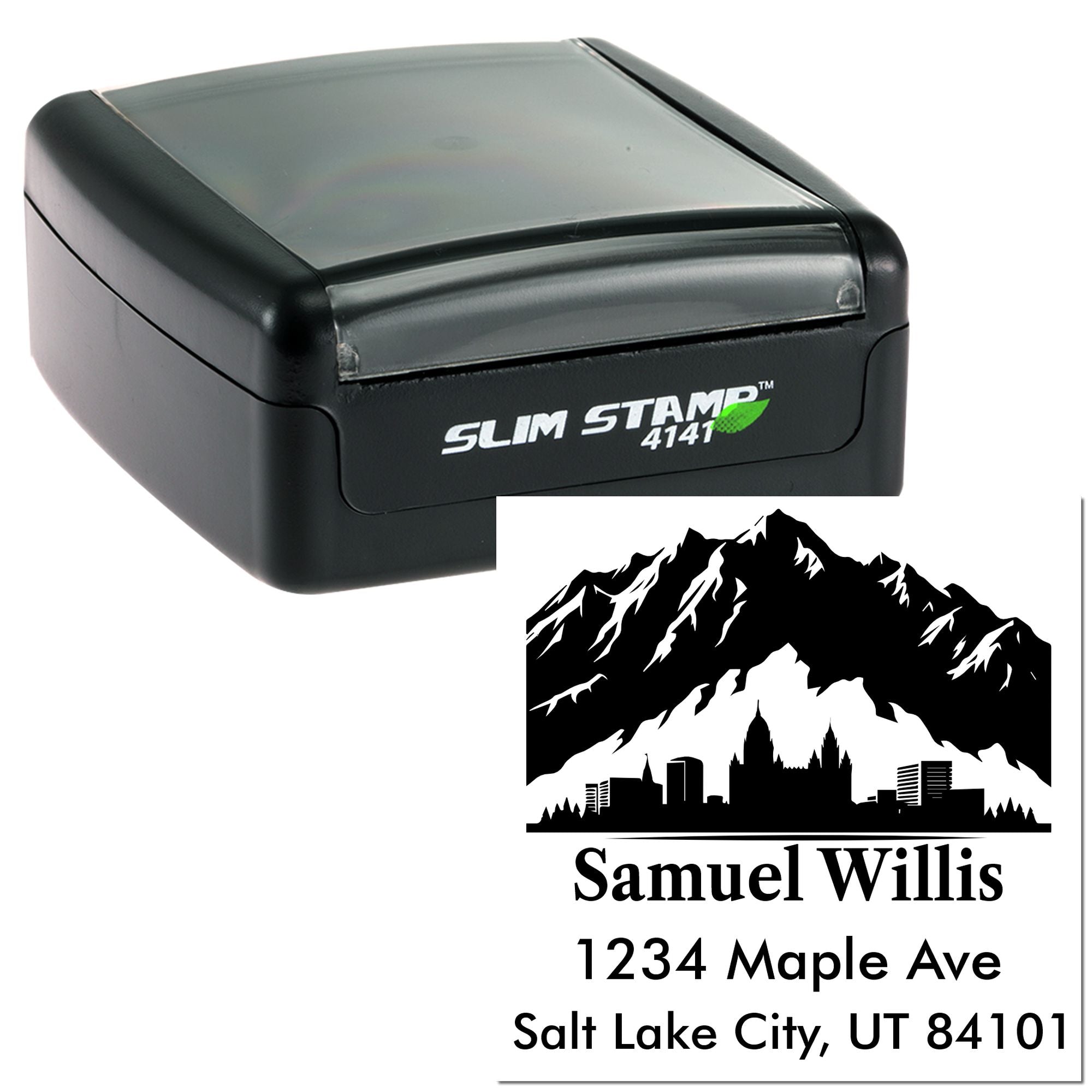 Slim Stamp 4141 self-inking custom address rubber stamp with mountain logo and return address imprint
