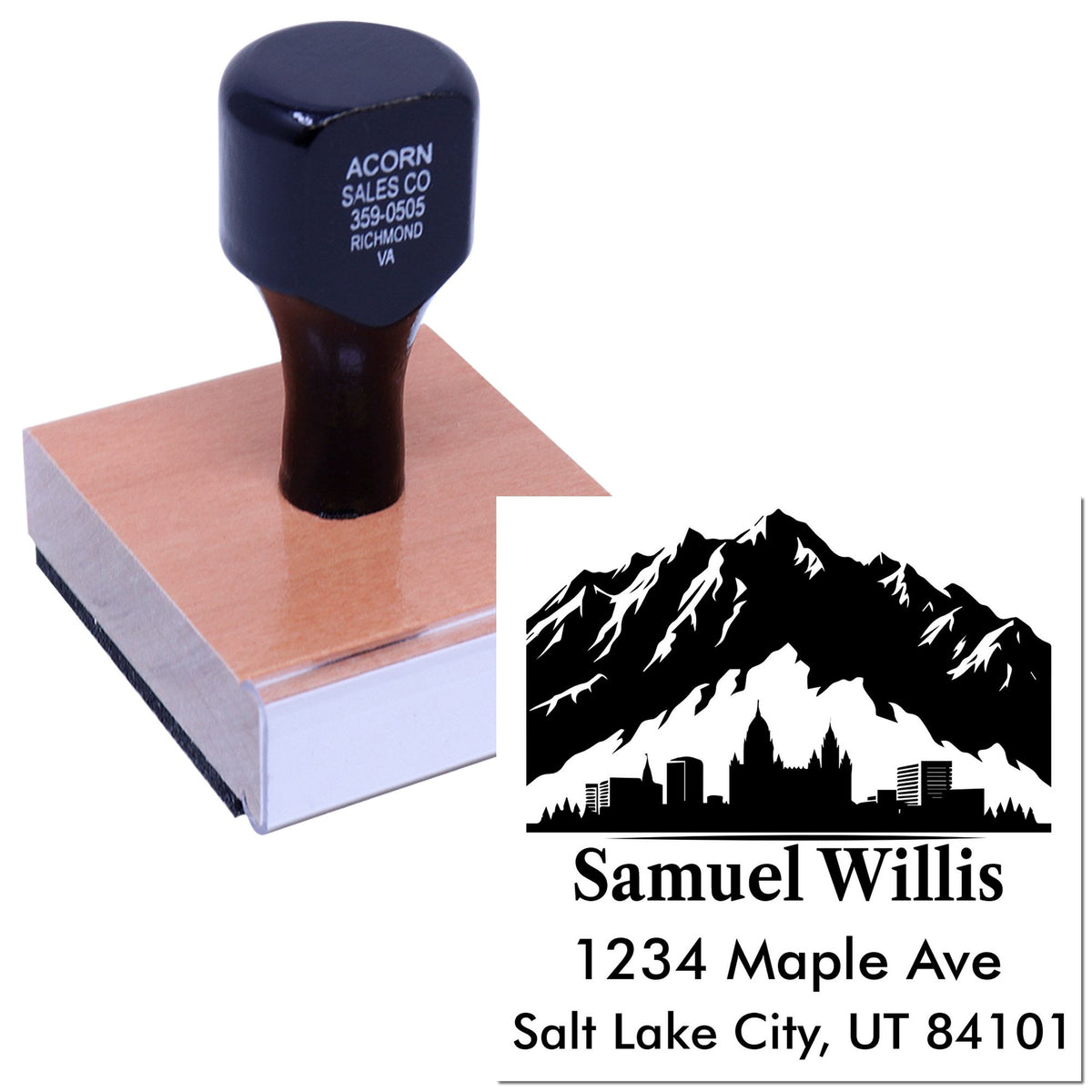 Custom self-inking rubber address stamp with mountain logo and Salt Lake City, UT return address imprint