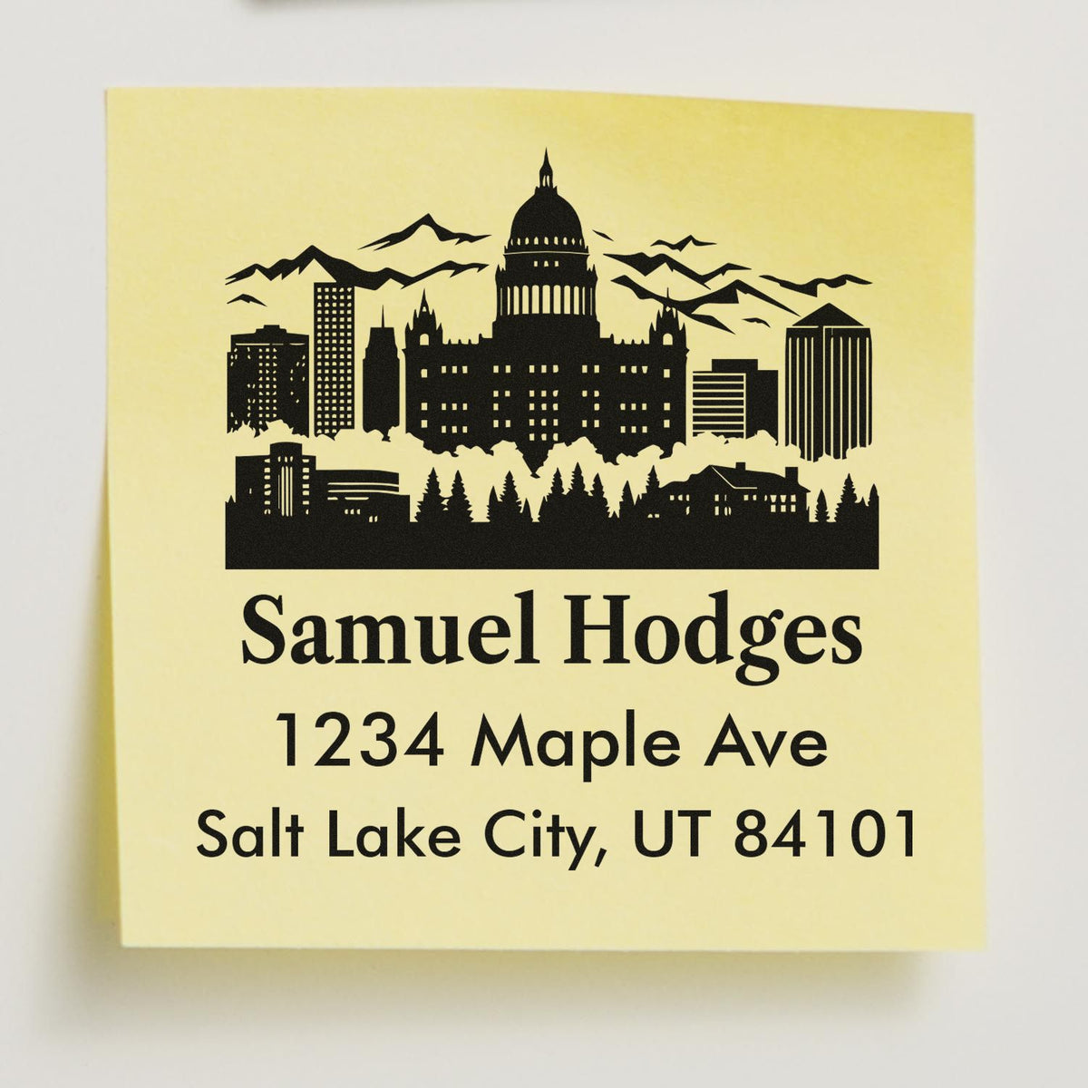 Personalized return address rubber stamp with Salt Lake City skyline, Samuel Hodges, 1234 Maple Ave, UT 84101.