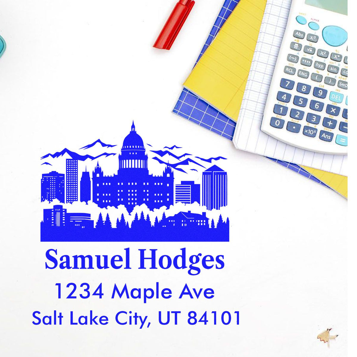 Custom return address rubber stamp with Salt Lake City skyline design for Samuel Hodges, 1234 Maple Ave, UT 84101.
