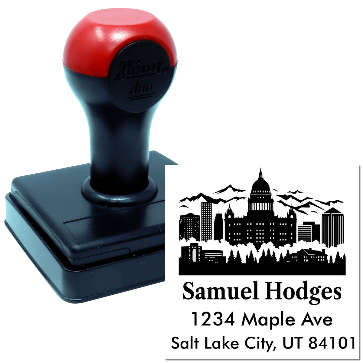 Custom self-inking rubber address stamp with Salt Lake City skyline and personalized return address for mailing use.