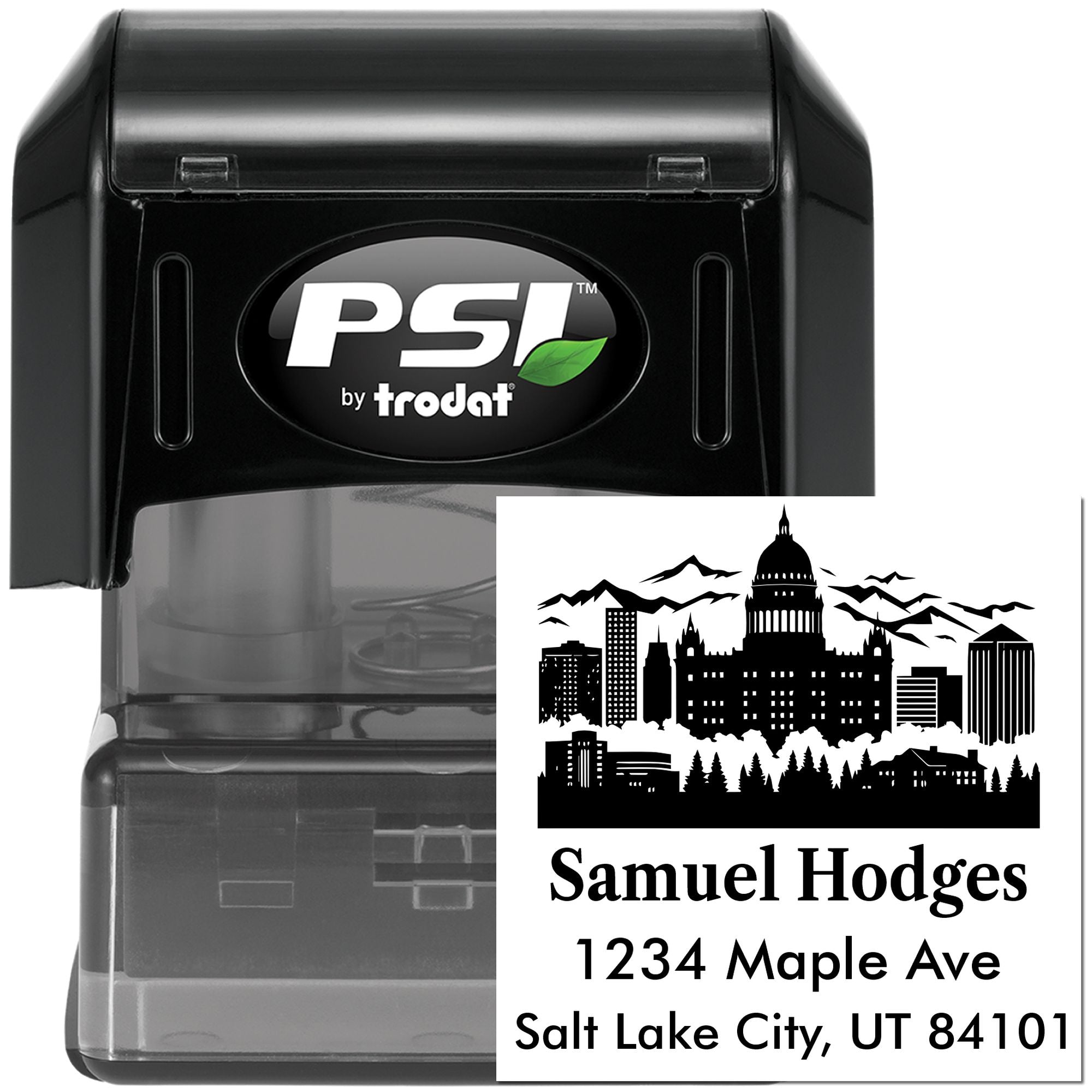 Custom self-inking return address rubber stamp with city skyline design, name and Salt Lake City, UT address, PSI by Trodat.