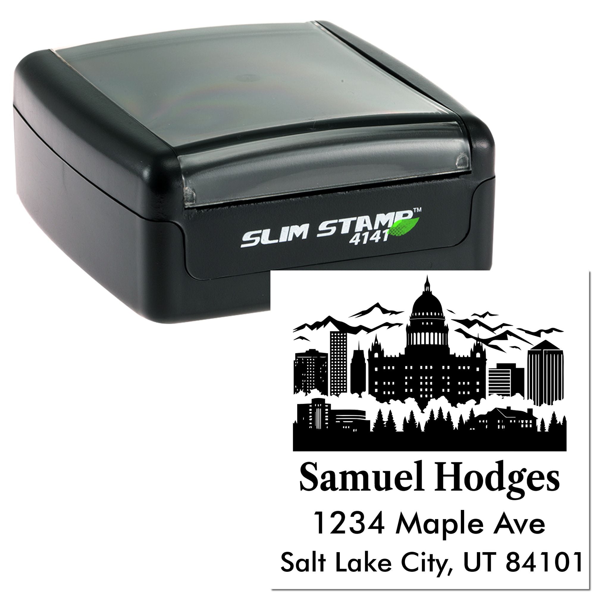 Custom self-inking rubber address stamp with skyline design, name, street address, and Salt Lake City, UT imprint.