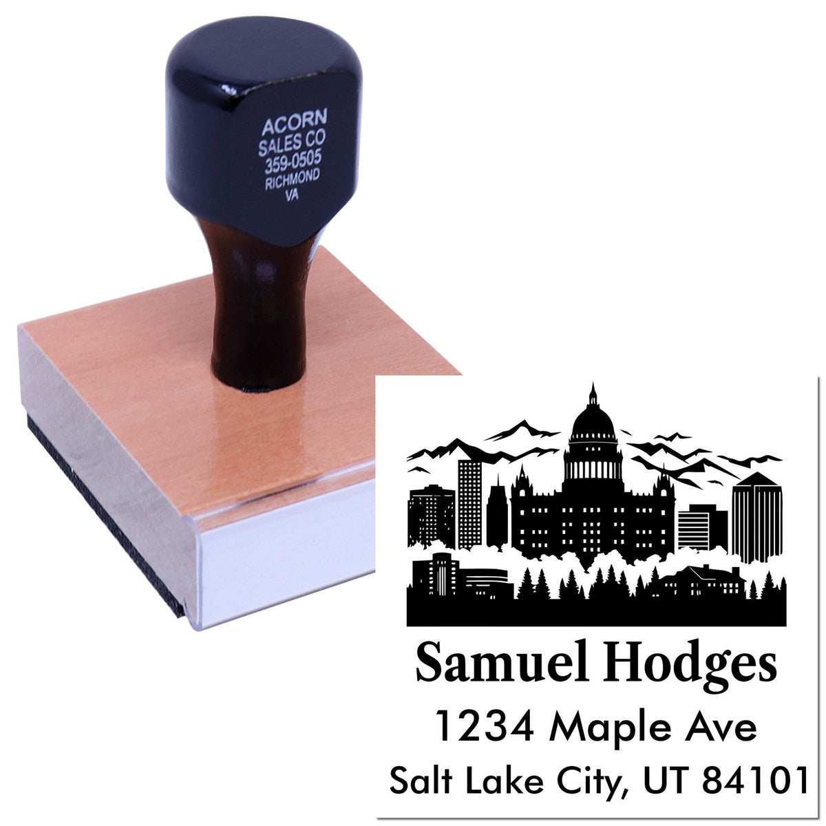 Custom rubber address stamp with skyline design for personalized return addresses on envelopes and mail.