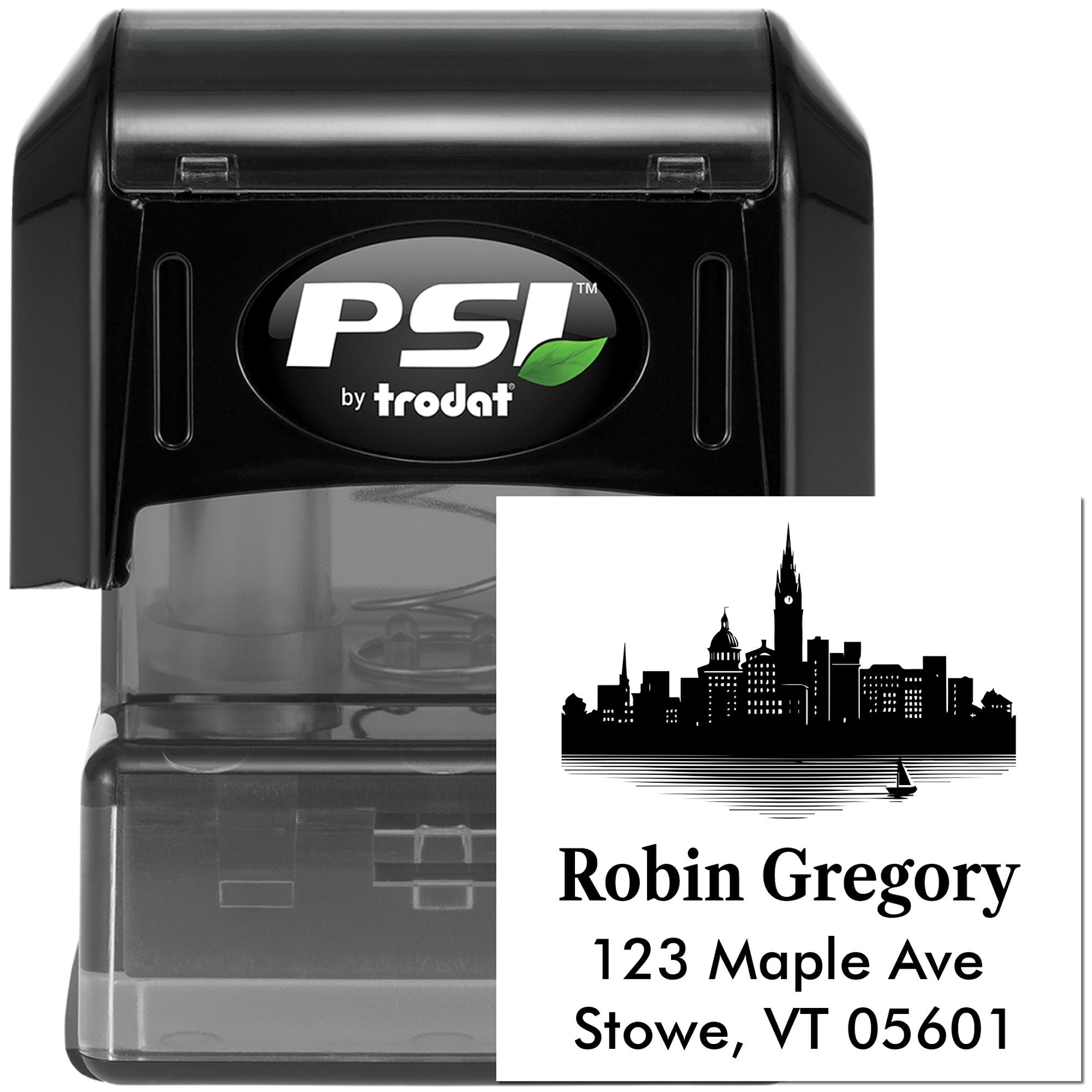 Custom self-inking PSI by Trodat address stamp with skyline design for Robin Gregory, Stowe, VT.