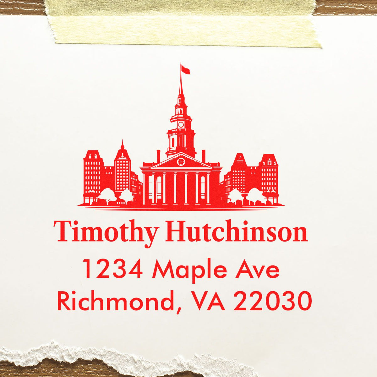 Custom return address rubber stamp with Richmond, VA skyline and Timothy Hutchinson, 1234 Maple Ave, Richmond, VA 22030.