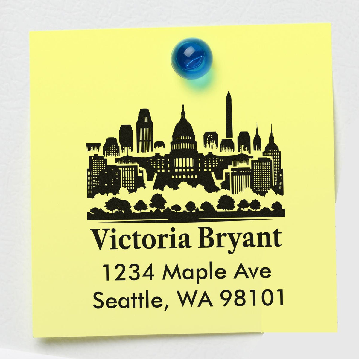 Personalized Seattle skyline address rubber stamp for Victoria Bryant, 1234 Maple Ave, Seattle, WA 98101.