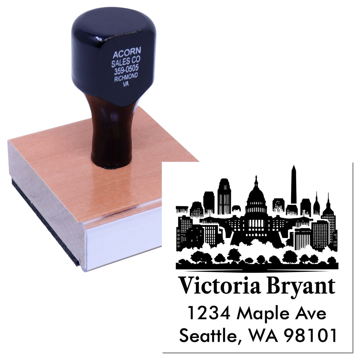Custom return address rubber stamp with Seattle skyline logo, Victoria Bryant, 1234 Maple Ave, Seattle, WA 98101.
