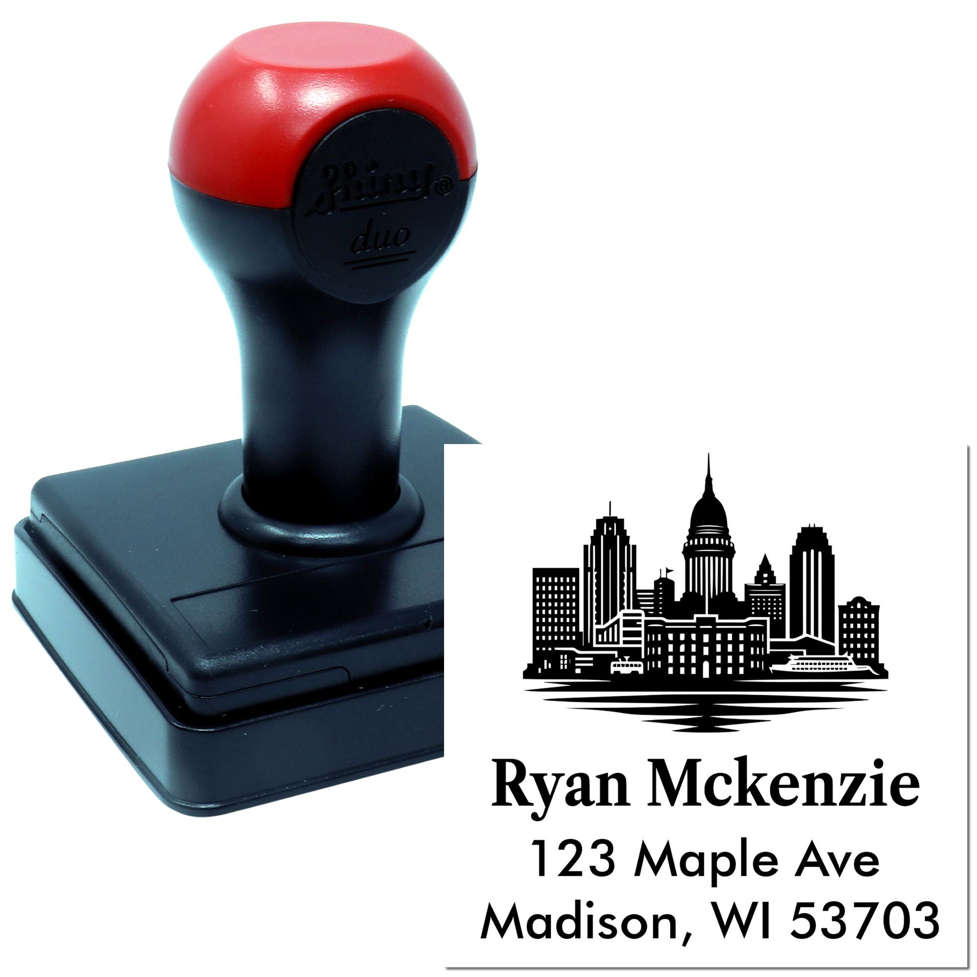 Self-inking custom return address rubber stamp with skyline design for personalized mail and business branding.