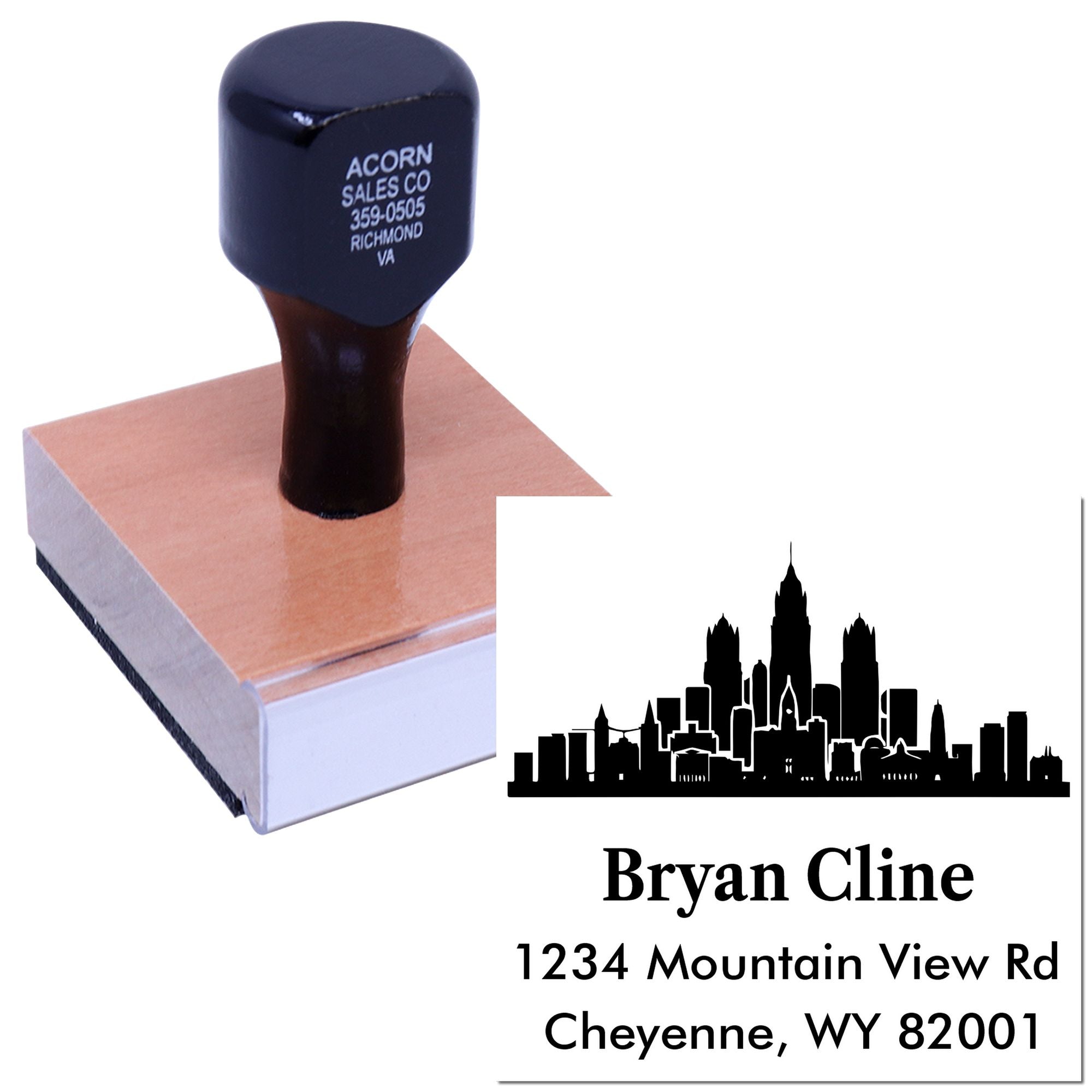 Custom address rubber stamp with skyline logo and personalized name and mailing address for business mailings.