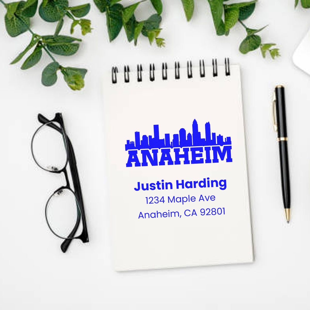 Custom Anaheim return address rubber stamp with skyline design for personalized stationery and envelopes.