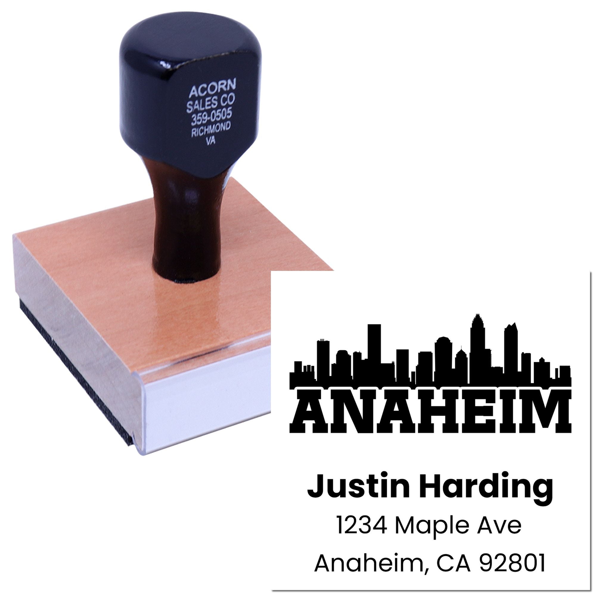 Custom self-inking rubber address stamp with Anaheim skyline logo for business mailings.