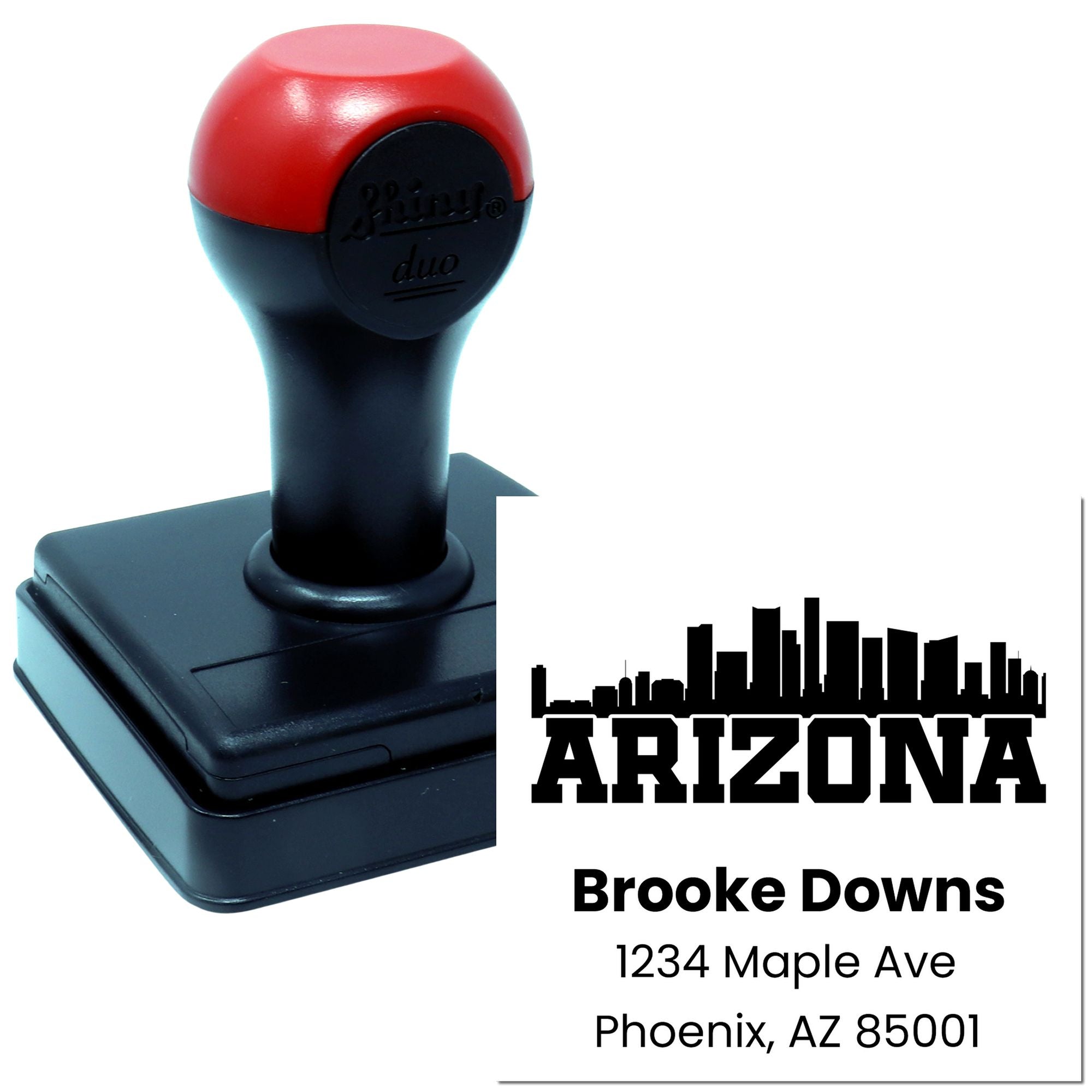 Custom self-inking Arizona address rubber stamp with skyline design and Brooke Downs return address for mail.