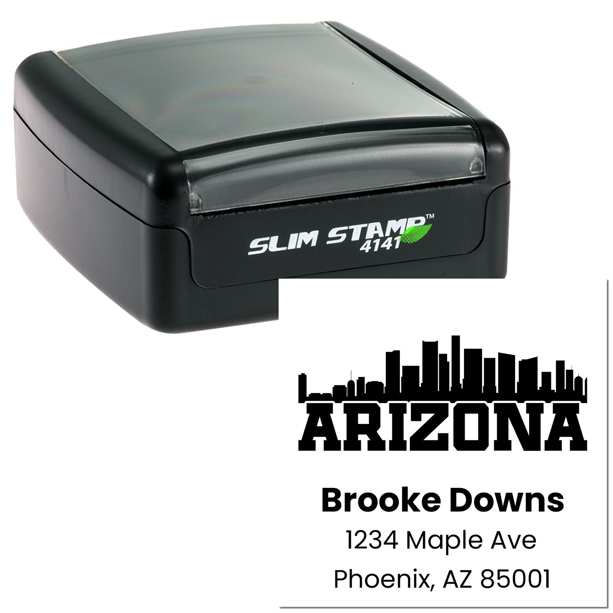 Custom Arizona return address rubber stamp with self-inking Slim Stamp 4141 for Brooke Downs, Phoenix, AZ 85001