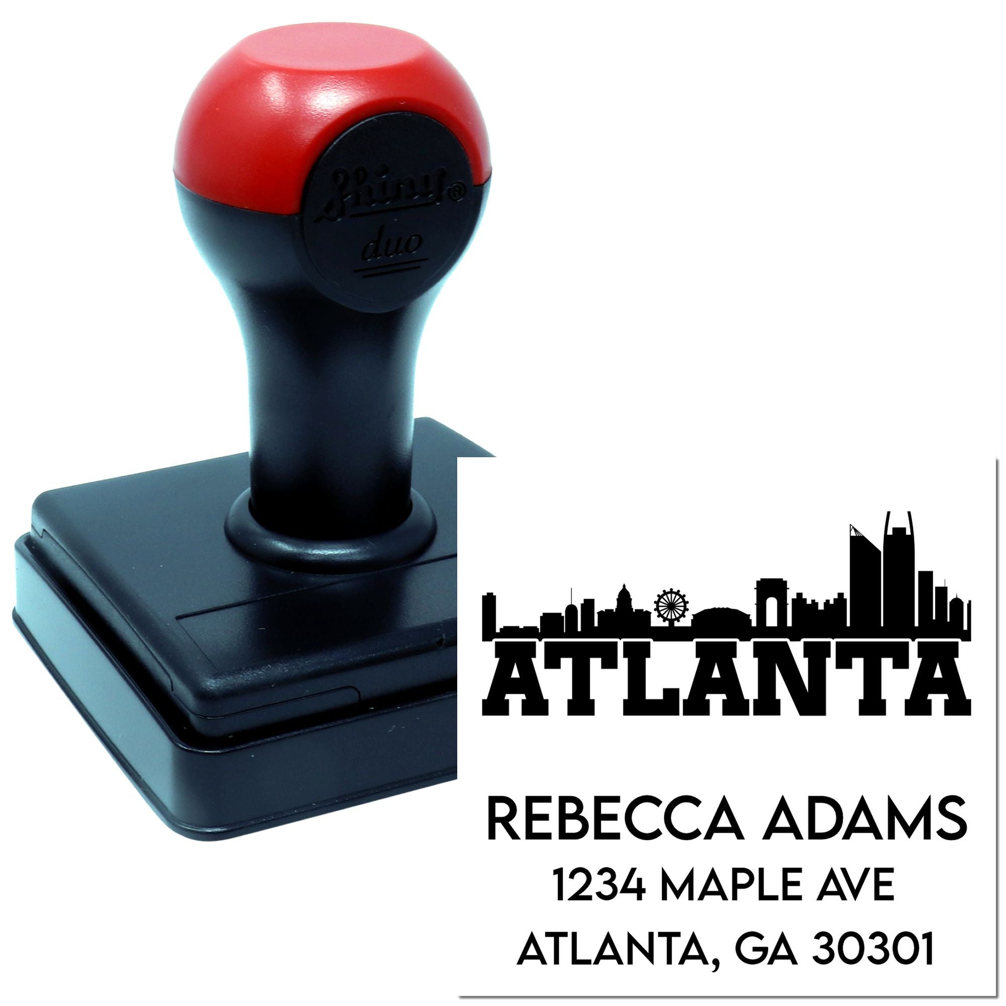 Custom Atlanta return address rubber stamp with skyline design and self-inking base for mailing and business use