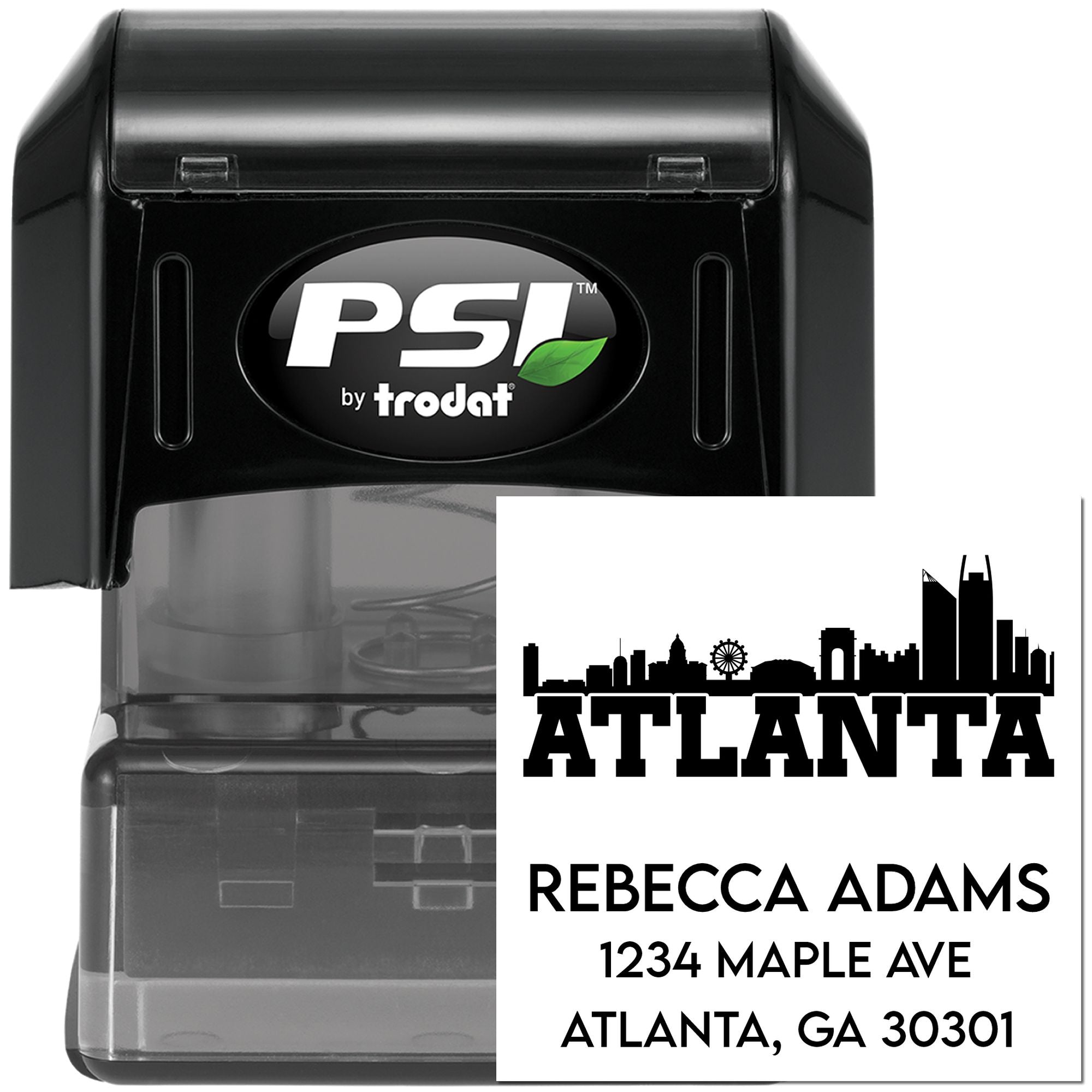 PSI by Trodat custom self-inking rubber address stamp with Atlanta skyline, Rebecca Adams, and Atlanta, GA 30301.
