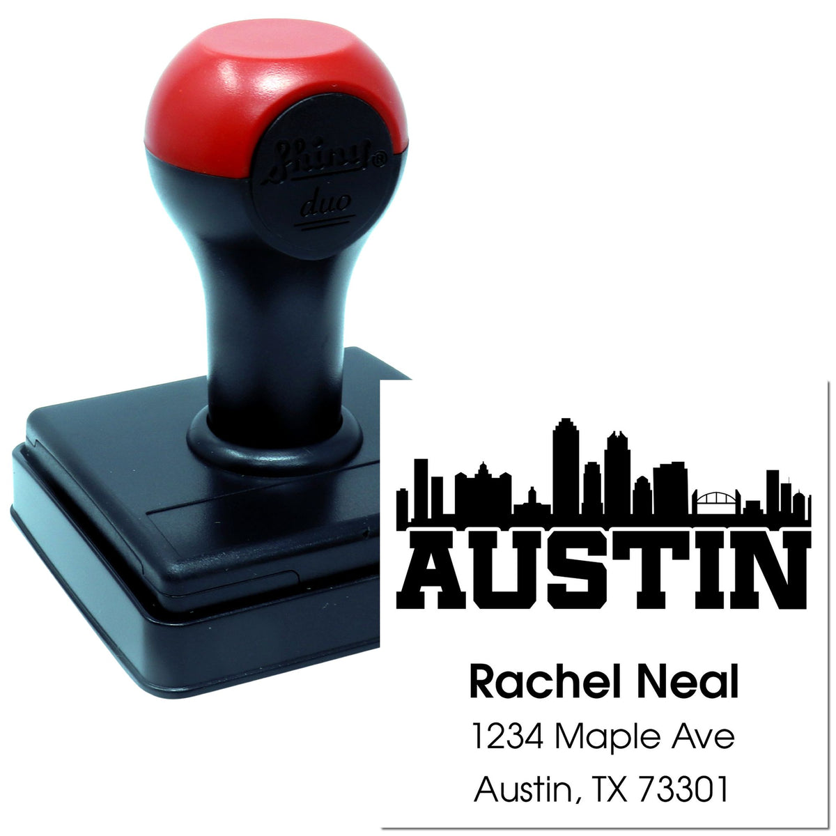 Custom Austin return address rubber stamp with skyline logo, self-inking for personalized mailing and business branding